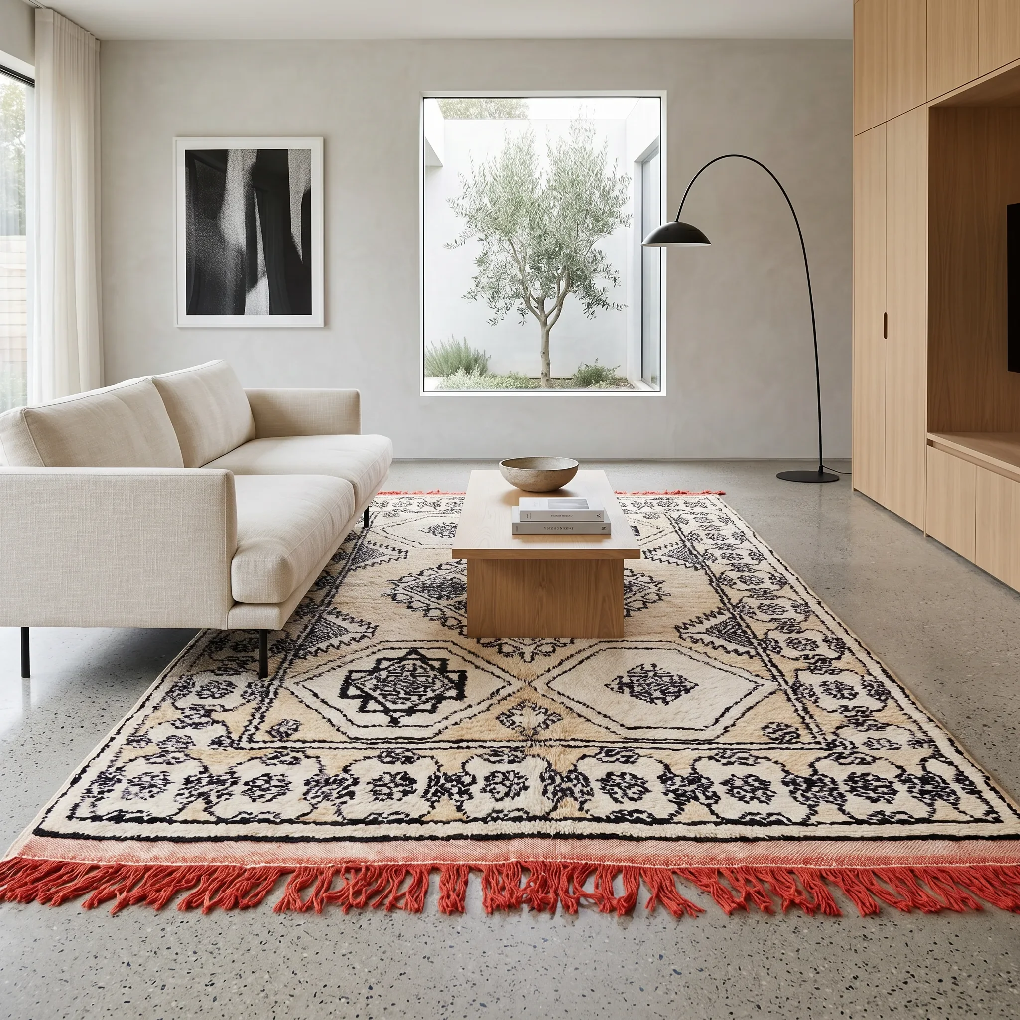 Living room with a patterned black and white rug, a beige sofa, a black arc floor lamp, a wooden coffee table with books and a bowl, a wall with a framed black and white abstract art, a large window overlooking a tree and garden, and wooden cabinetry
