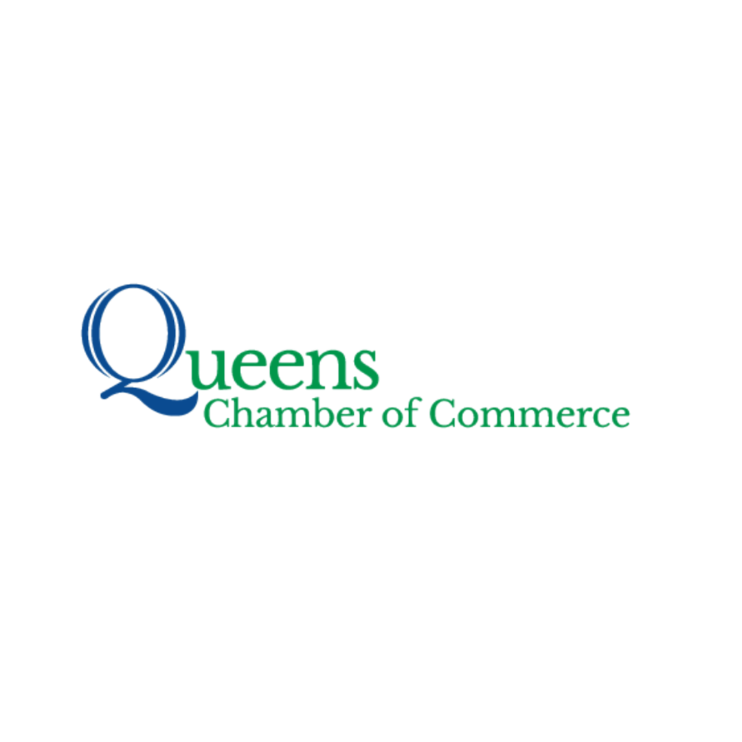 Logo of the Queens Chamber of Commerce featuring a blue and red Q symbol with green and blue text.