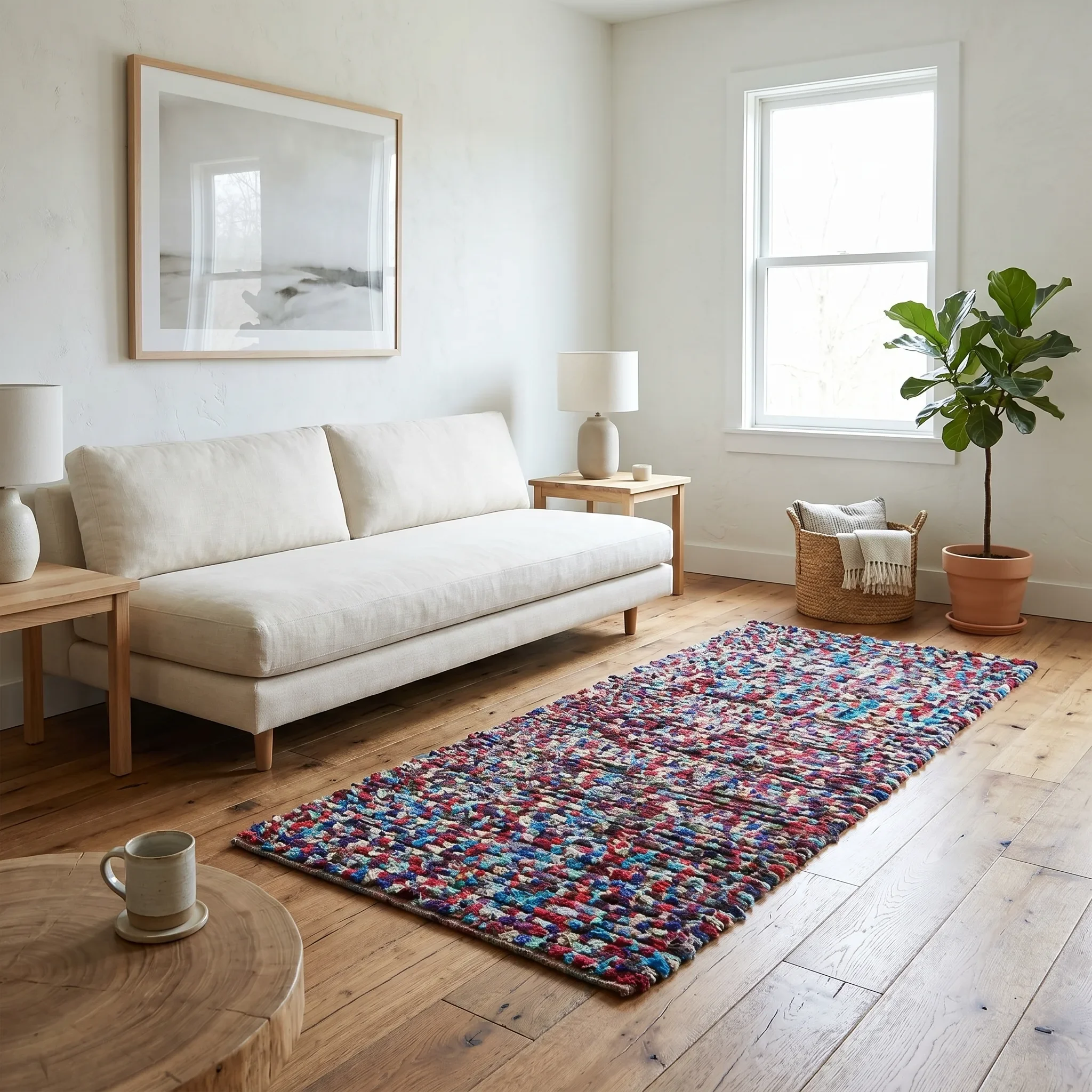 A cozy living room corner with a white couch, a wooden side table with a cream-colored lamp, a colorful woven rug on a wooden floor, a potted plant, and a large window letting in natural light.