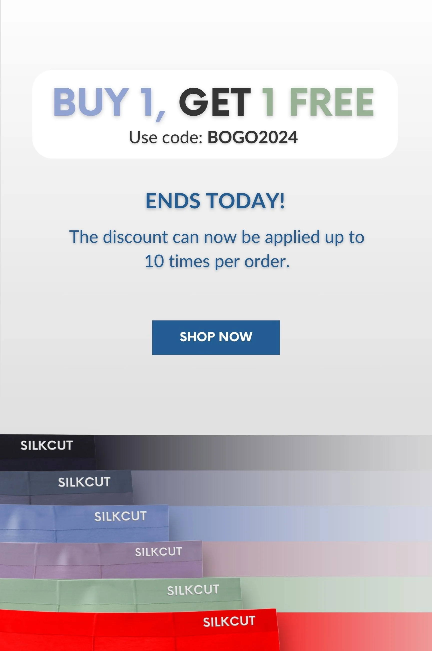 A promotional advertisement offering a buy one, get one free deal using code BOGO2024, ending today. The ad features colorful silk cut fabric samples in black, dark blue, light blue, purple, green, and red.