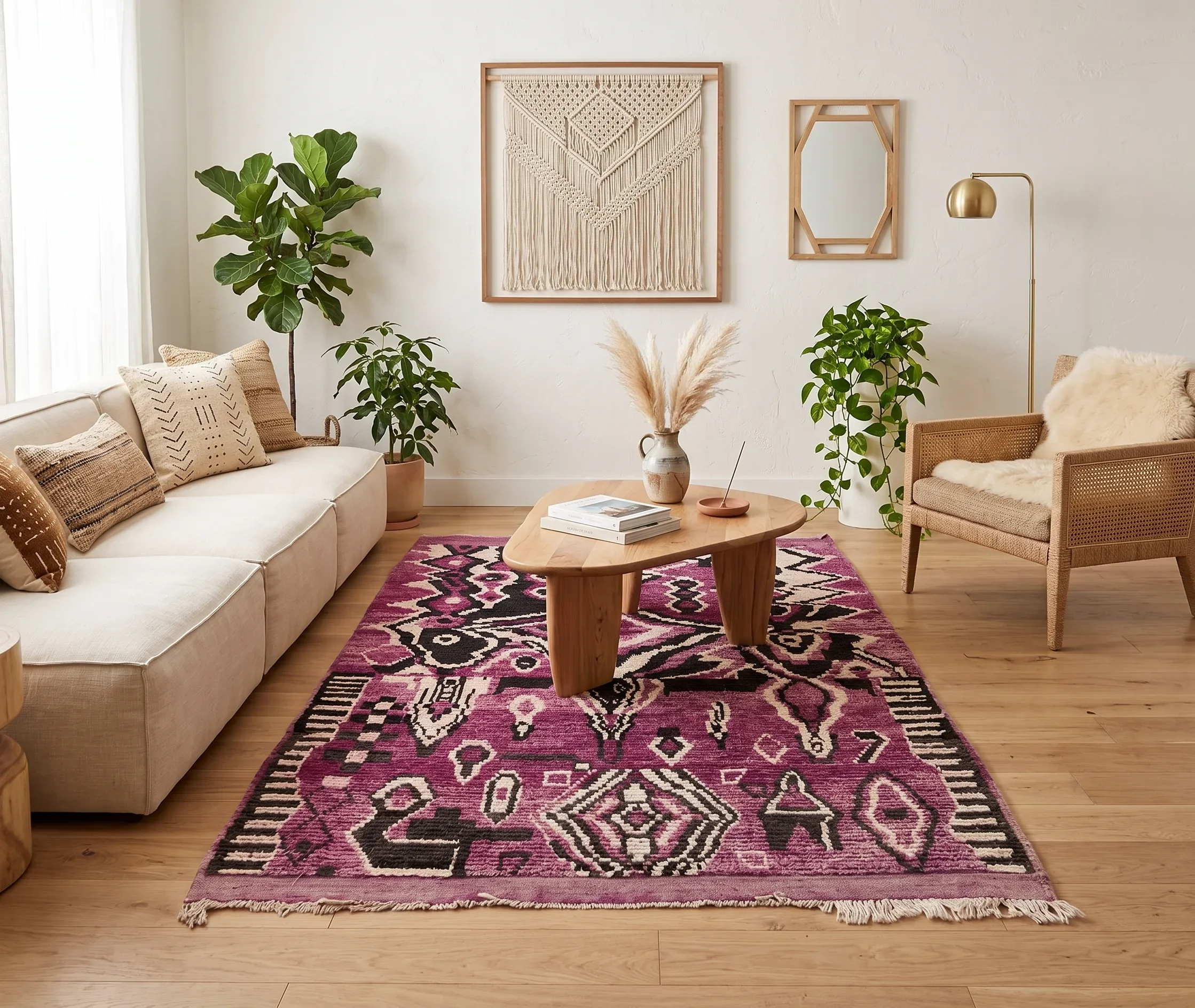 A living room with a beige sofa adorned with patterned cushions, a purple and pink geometric rug on light wooden flooring, a wooden coffee table with books and a small decorative object, and abundant green plants. The wall has minimalist decor includ