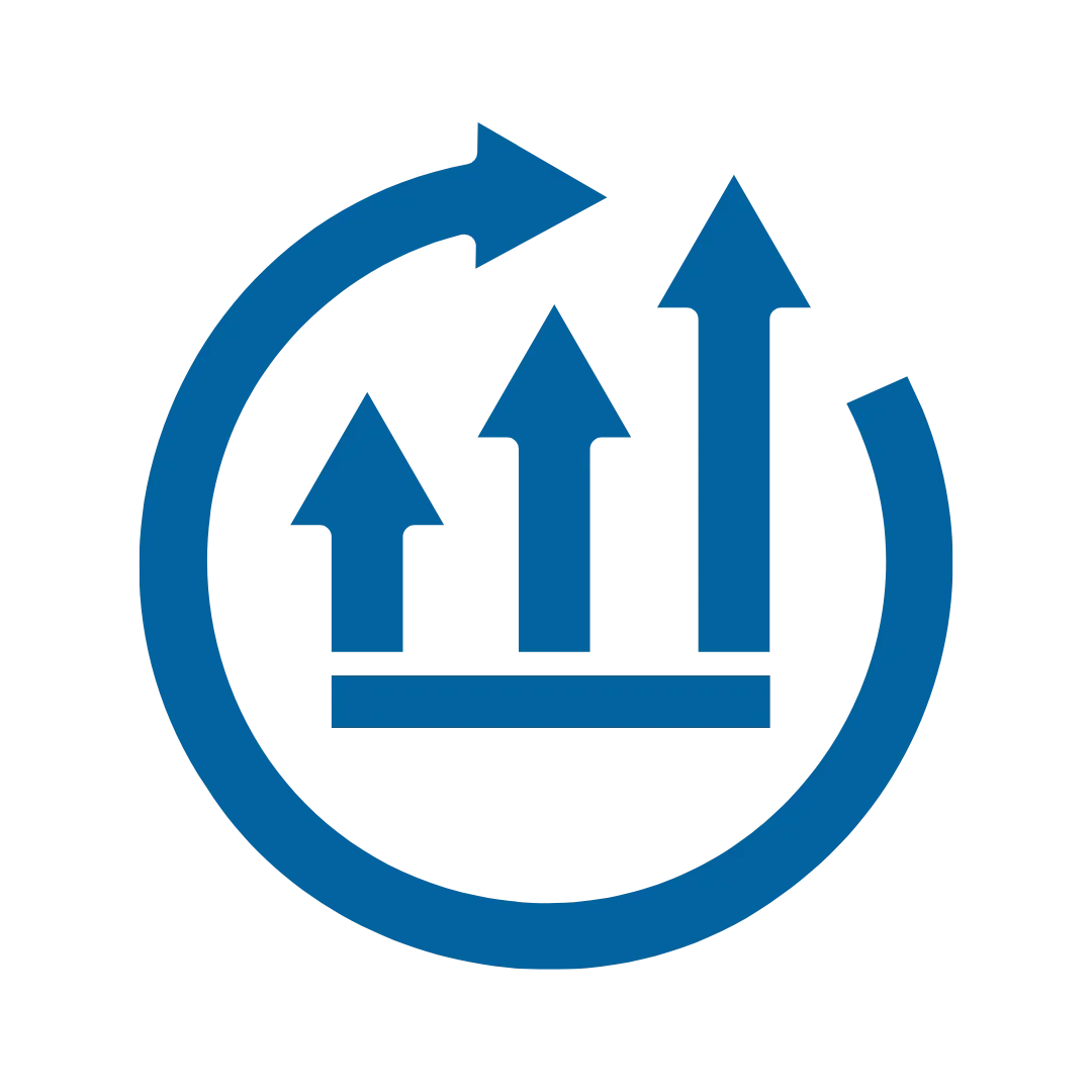 Blue circular arrow surrounding a bar chart with upward arrows.