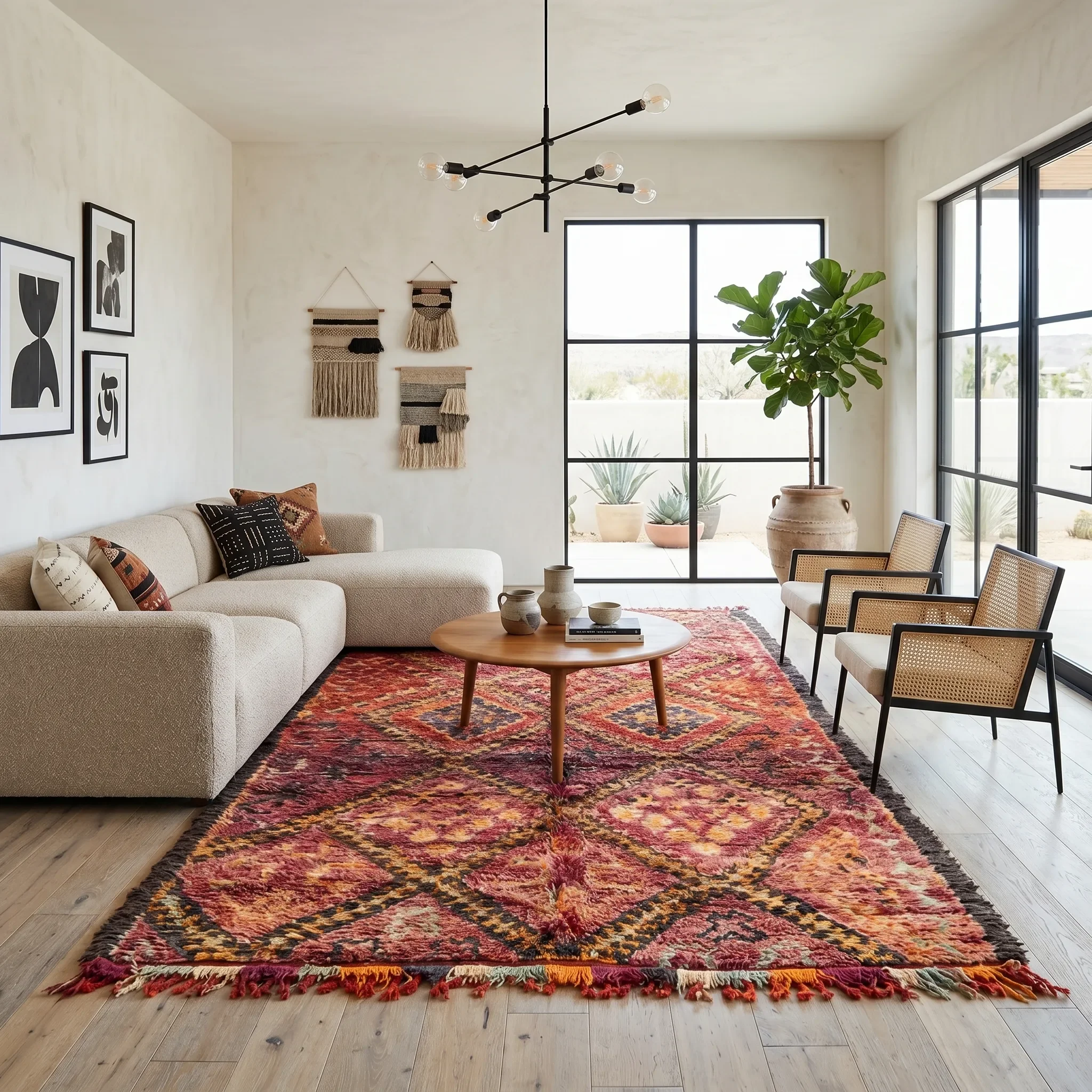 A living room with a large colorful rug, a white sofa with decorative pillows, wall art, a wooden coffee table with pottery, and a potted plant in front of large window with black frames.