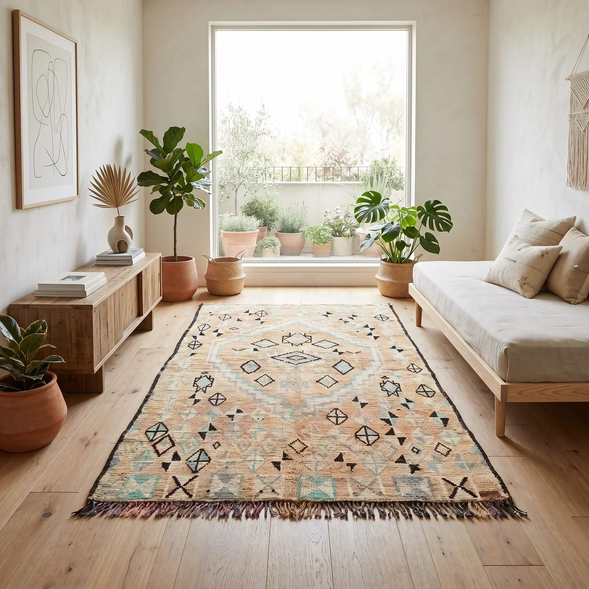 A living room with a large beige and black patterned rug, wooden floor, and various potted plants near a large window. There's a white sofa with beige cushions, a wooden console with books and a decorative vase, framed artwork on the wall, and wall h