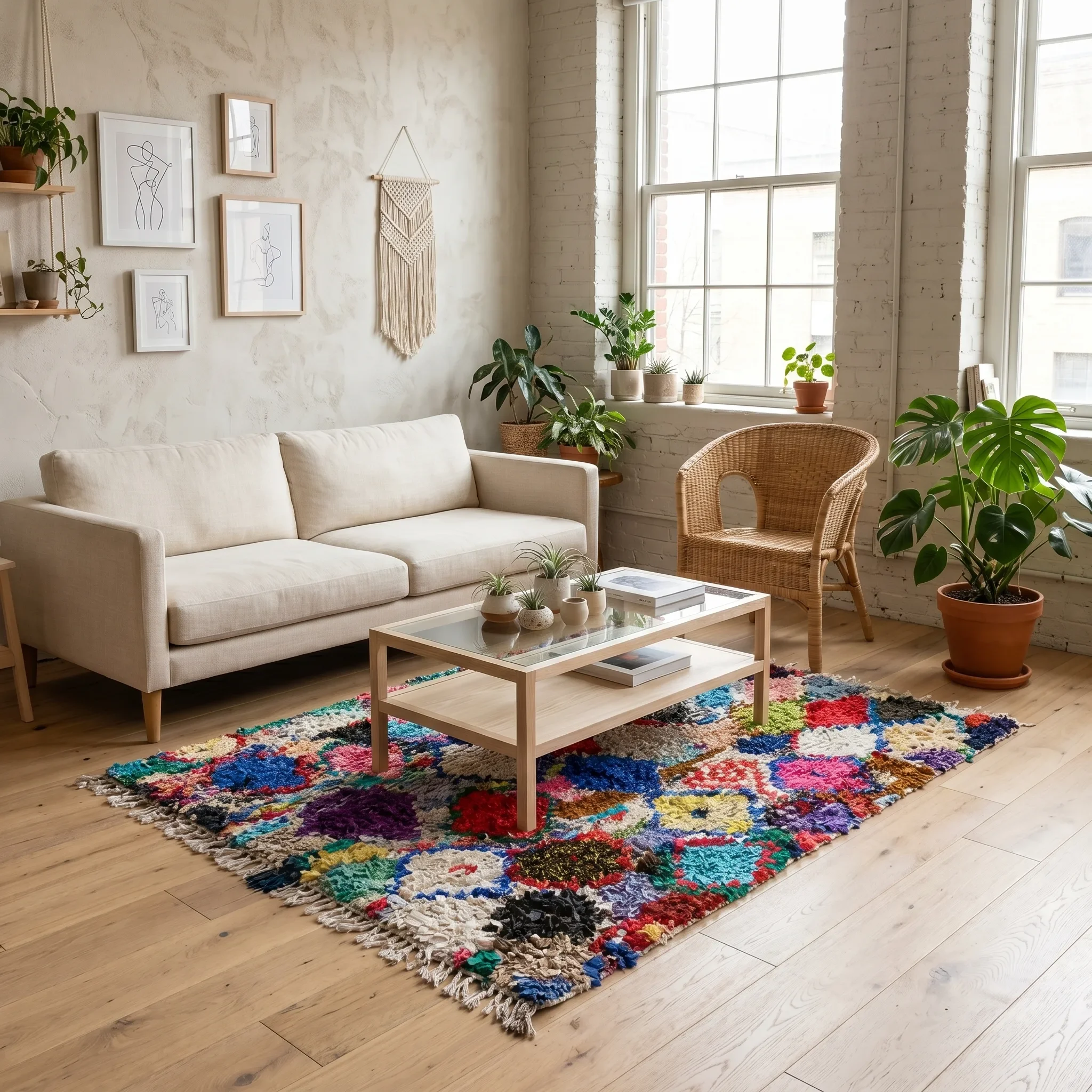 A cozy living room with a white sofa, colorful patchwork rug, and an array of potted plants on a wooden floor. There are framed line art drawings on a textured beige wall and a macrame wall hanging between large windows with white brick beside them, 