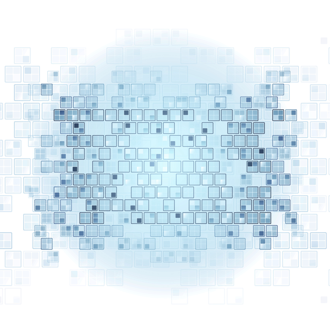 Digital abstract background with light blue and white squares and geometric pattern.