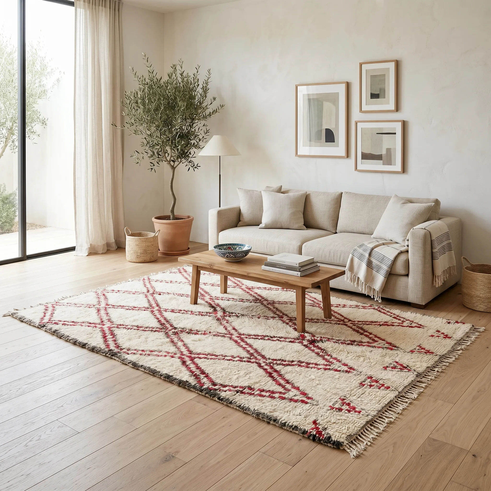 A living room corner with a large potted olive tree, a floor lamp, framed abstract art on the wall, a beige sofa with throw pillows and a blanket, a round woven basket, a coffee table with books and a decorative bowl, a white and red patterned rug, a