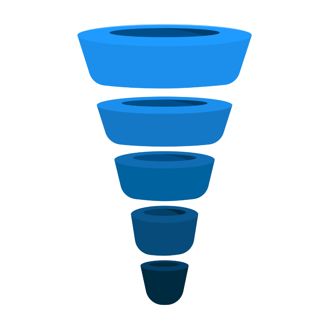 Diagram of a funnel with six decreasing blue sections stacked vertically, representing a process or filtration step.