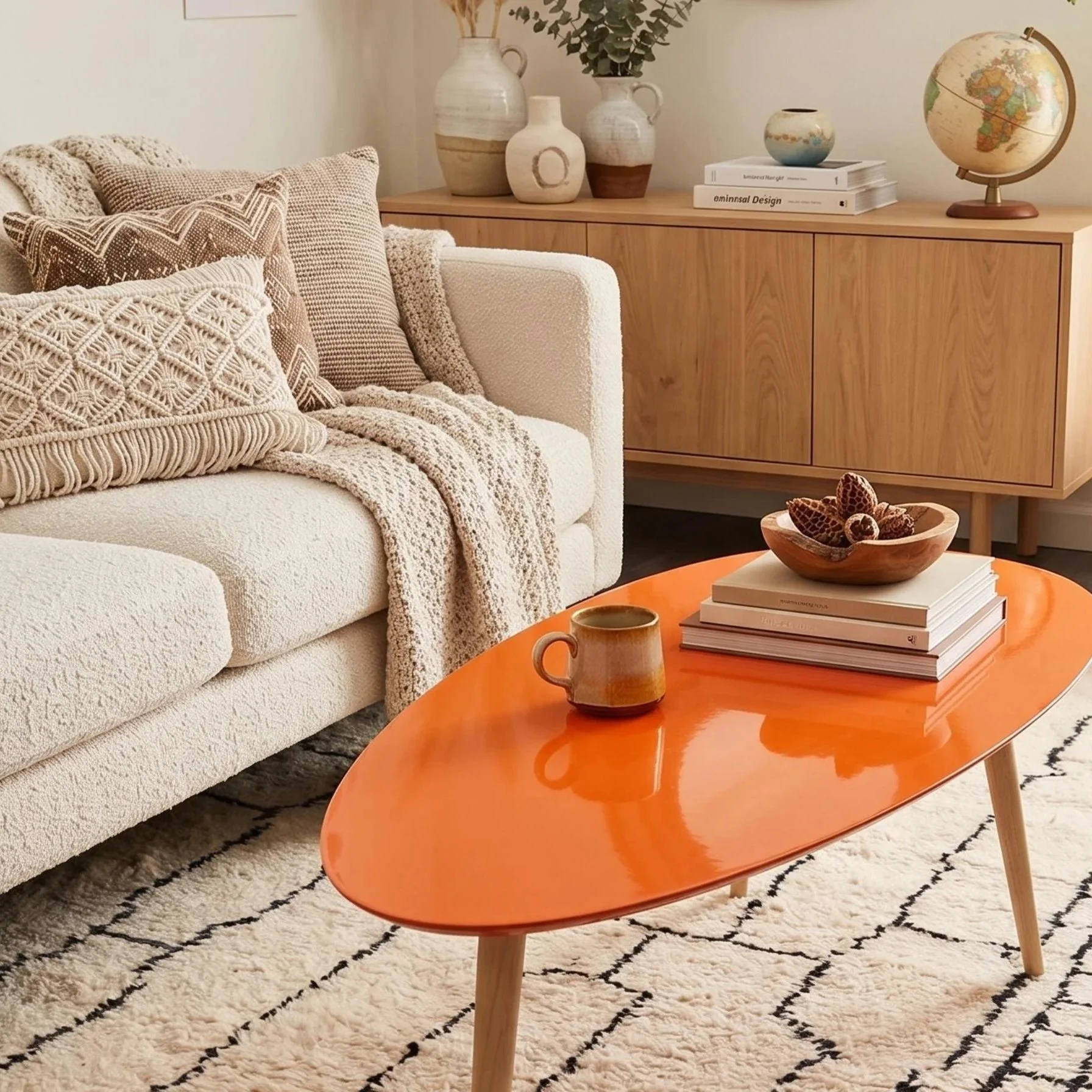 A cozy living room corner featuring a white textured sofa with knit and embroidered cushions, a wooden sideboard with decorative vases and a globe, and an orange coffee table with a stack of books, a wooden bowl, and a ceramic mug. The room has a patterned rug and a warm, inviting atmosphere.
