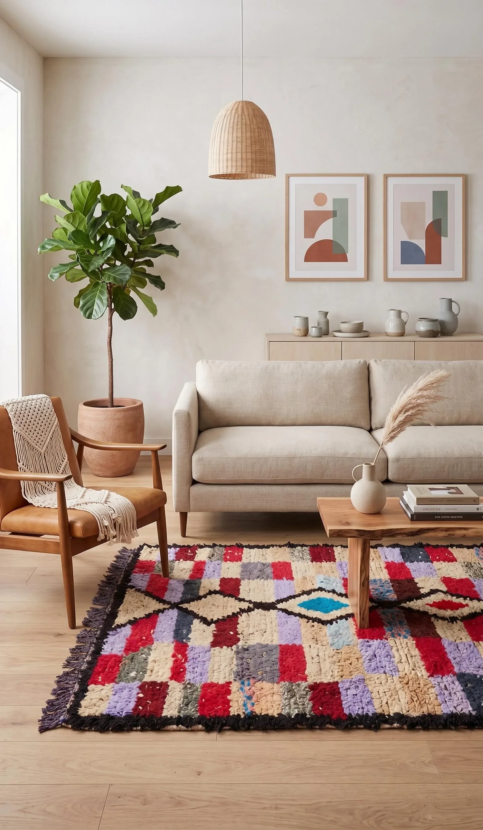 Living room with a colorful patterned rug, beige sofa, wooden coffee table with a white vase and pampas grass, framed abstract art on wall, large green potted plant, woven pendant light, and wooden accent furniture.