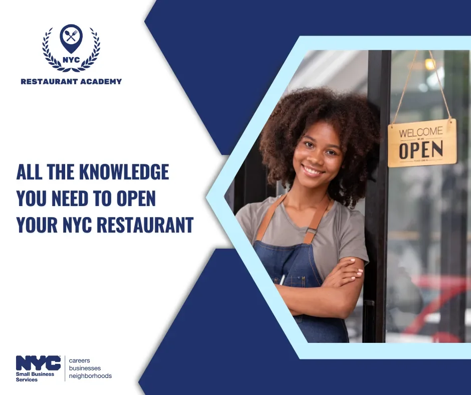 Cover of a guide titled 'All the knowledge you need to open your NYC restaurant,' featuring a smiling woman standing at the entrance of a restaurant with a sign that says 'Welcome Open.'