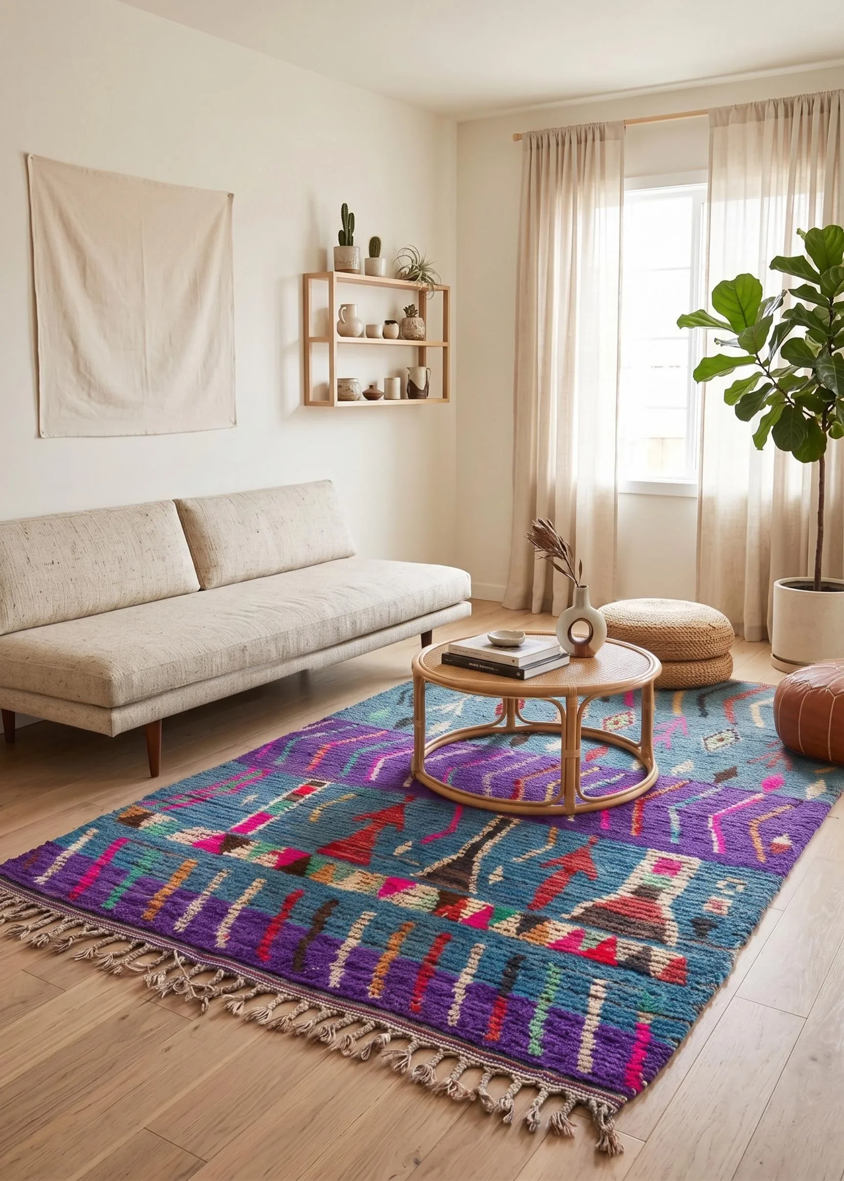 A living room with a colorful, patterned rug on light wooden floors, a beige sofa, a round rattan coffee table with books and a vase, a large potted plant near a window with light curtains, and a wall shelf with ceramic pots and small plants.