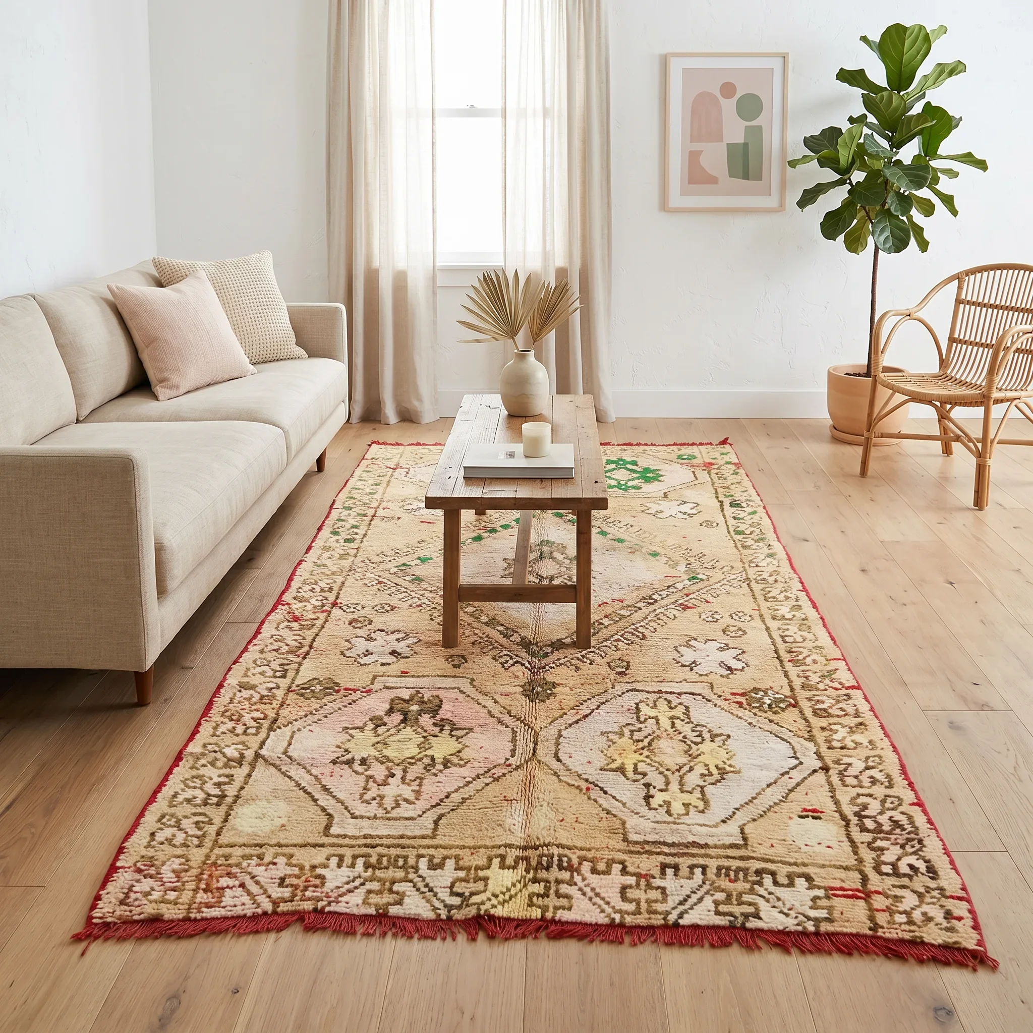 A living room with a beige sofa, light-colored curtains, a wooden coffee table, a decorative rug, a large potted plant, and abstract artwork on the wall.