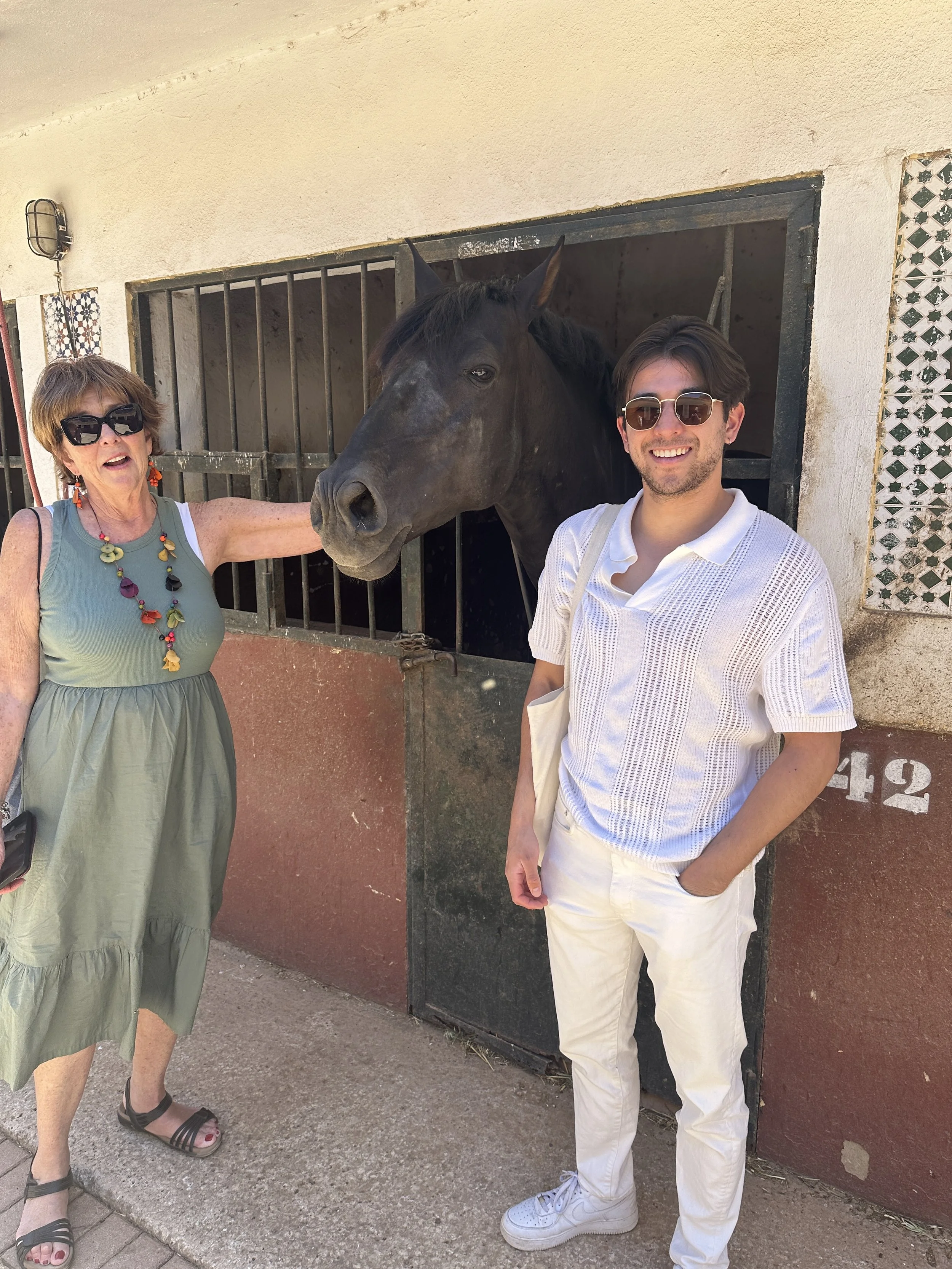 A woman and a man standing outside a horse stable with a dark horse in the background. The woman is wearing large sunglasses, a sleeveless green dress, and colorful jewelry. The man is wearing sunglasses, a white short-sleeved shirt, and white pants.