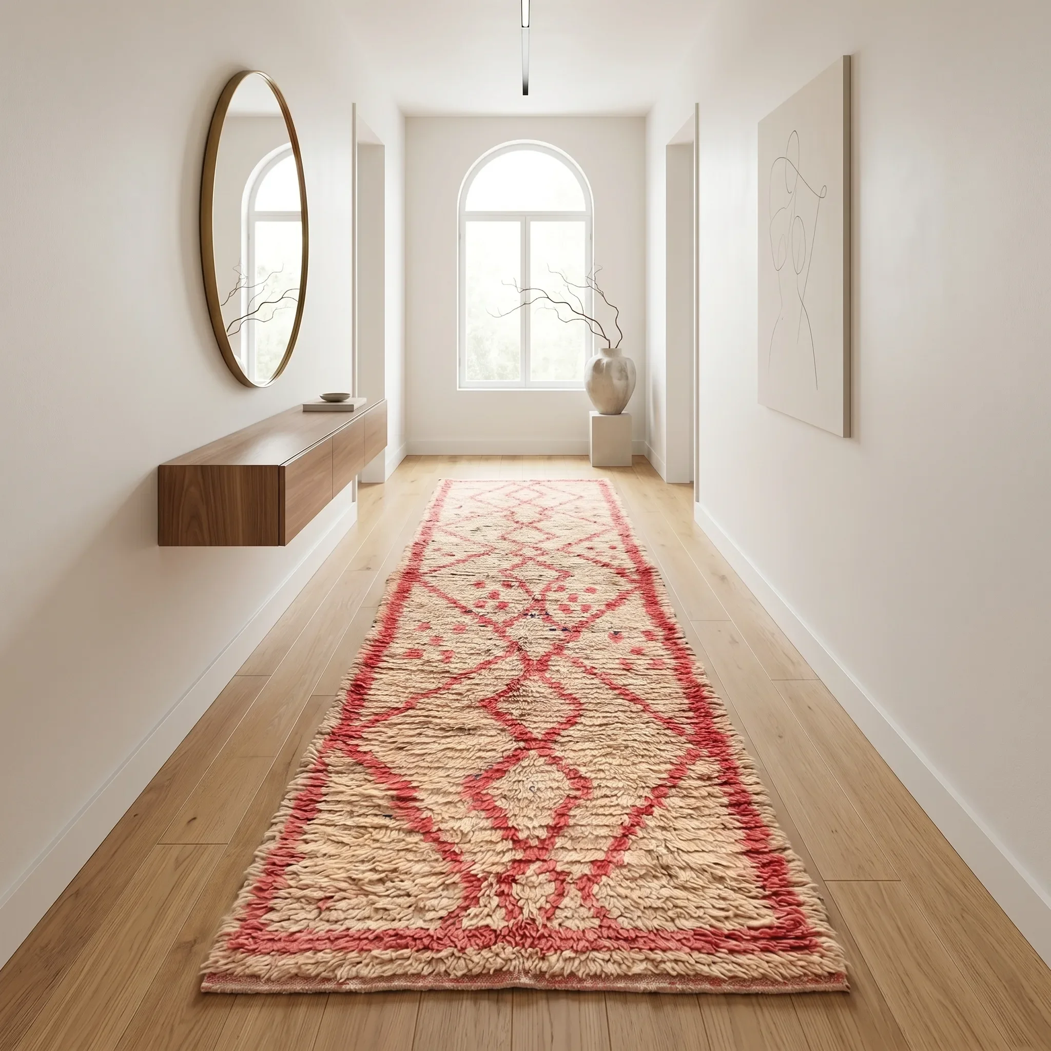A hallway with white walls, wooden flooring, a long pink and cream rug, a circular mirror on the left wall, a large vase with decorative twigs near the window, and abstract line art on the right wall.