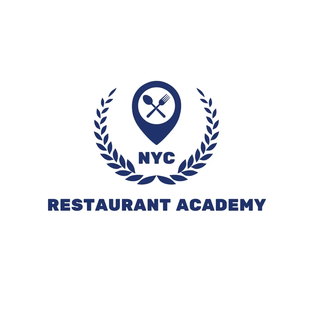 Logo for NYC Restaurant Academy with a stylized map marker containing a spoon and fork, surrounded by a laurel wreath, with the text 'NYC RESTAURANT ACADEMY' underneath.