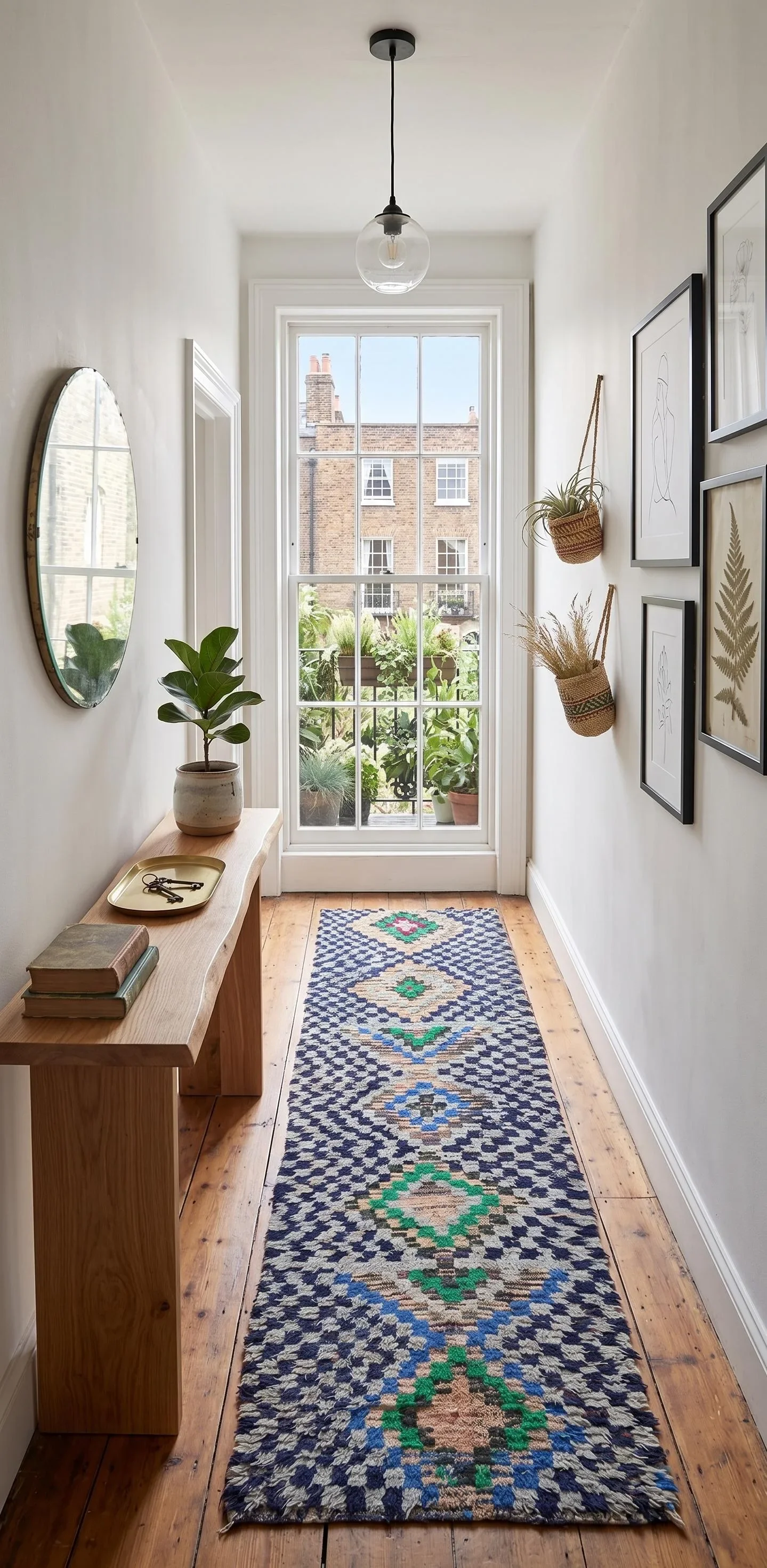 A cozy hallway with wooden flooring, white walls, a long colorful runner rug, a wooden console table with books and a small plant, a round mirror on the left wall, framed art and woven plant hangers on the right wall, and a glass door leading to a ba