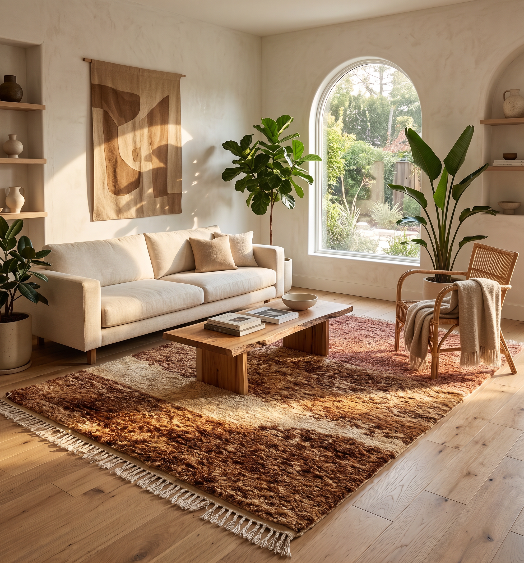 View of a bright living room with a large window showing greenery outside, a beige sofa with pillows, a wooden coffee table with books, a colorful area rug, and several houseplants.