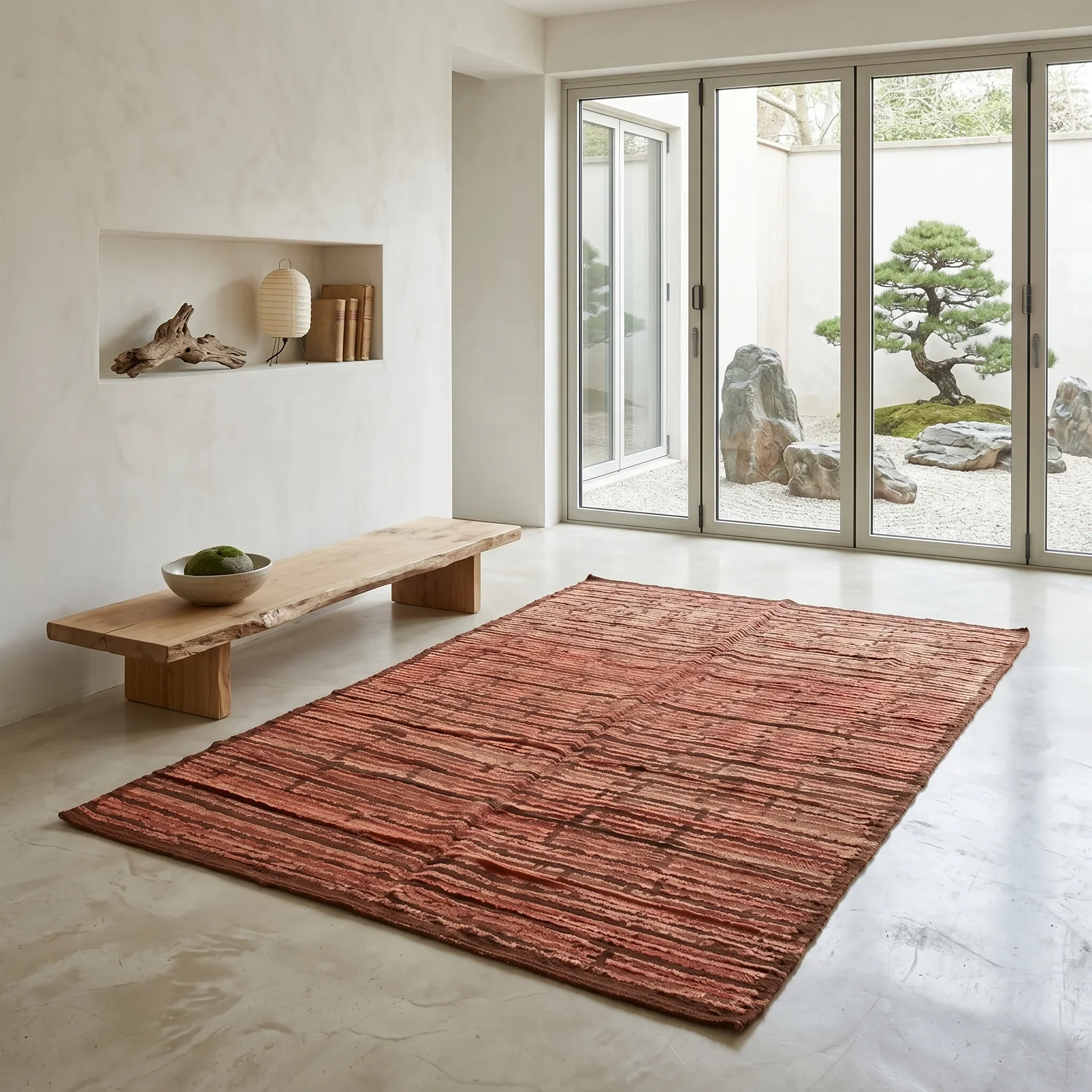 A red patterned rug on a white floor in a minimalist room with a built-in wall niche. The niche holds a piece of driftwood, a paper lantern, and a few vintage books. Large glass sliding doors lead to a Japanese-style rock garden with moss, rocks, and