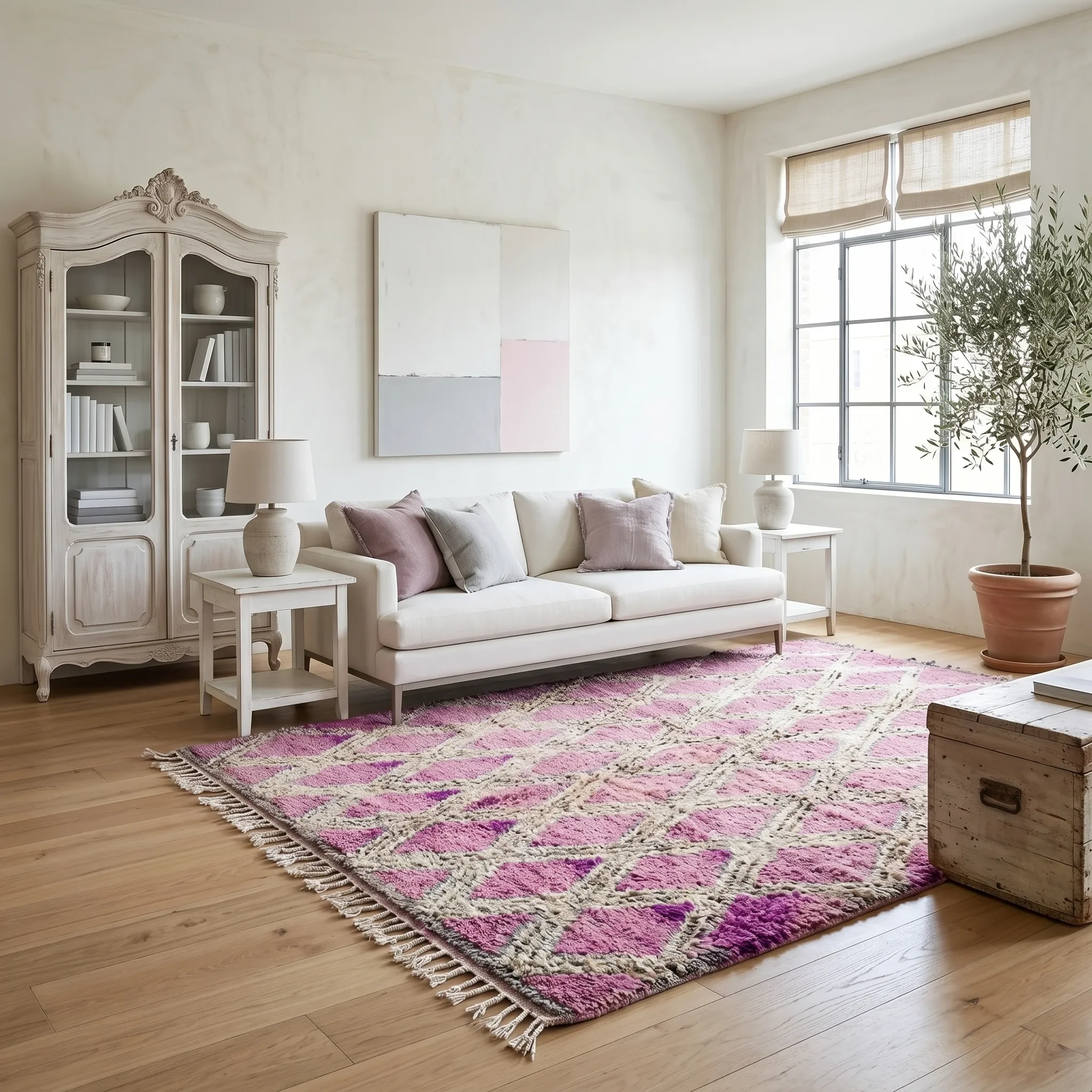 Living room with a pink and white patterned rug, cream sofa with pink and purple pillows, white wooden side table with a lamp, white cabinet with books and decorative items, large window with beige blinds, and a potted plant.