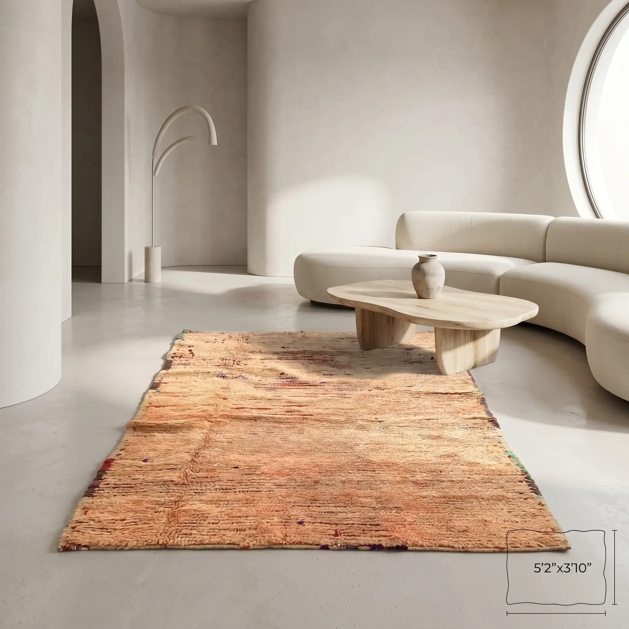 A beige, multicolored textured rug with a rectangular shape measuring 5 feet 2 inches by 3 feet 10 inches, lying on a smooth, light-colored floor in a minimalist room with a rounded-wall window, a curved sofa, a circular wooden coffee table, a tall, 