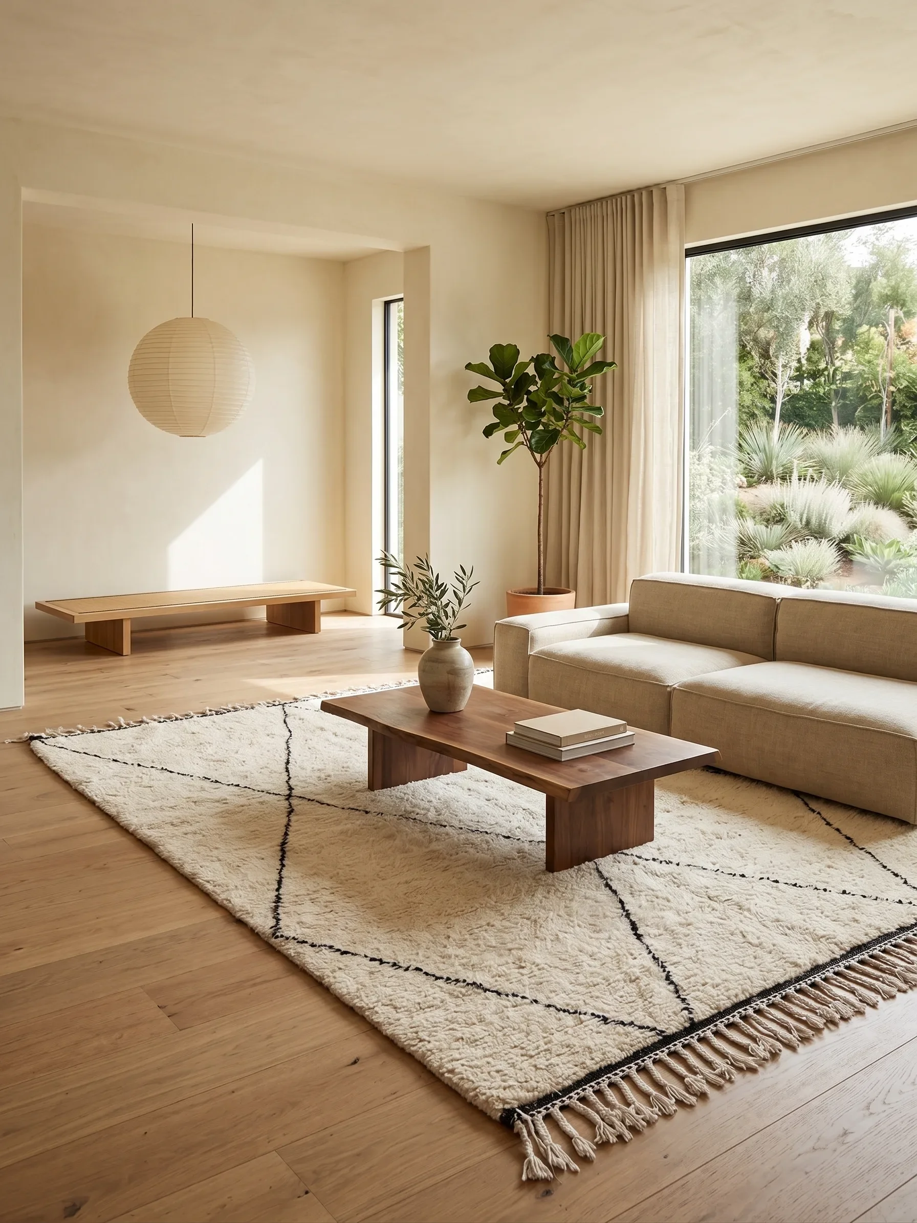 A living room with beige walls, large window with beige curtains, light wooden floor, a cream-colored sofa, a wooden coffee table with books, a potted plant, and a patterned area rug.