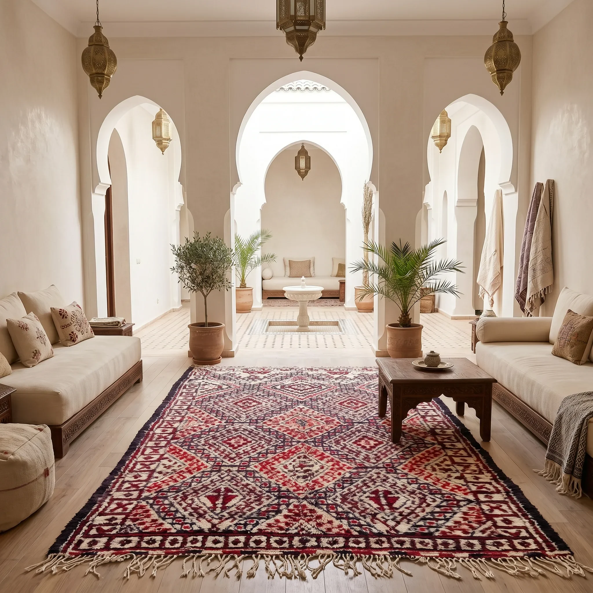 A long Persian-style rug with red, black, and white geometric patterns in a bright living room with white walls, large arched windows, potted plants, and cozy seating areas.