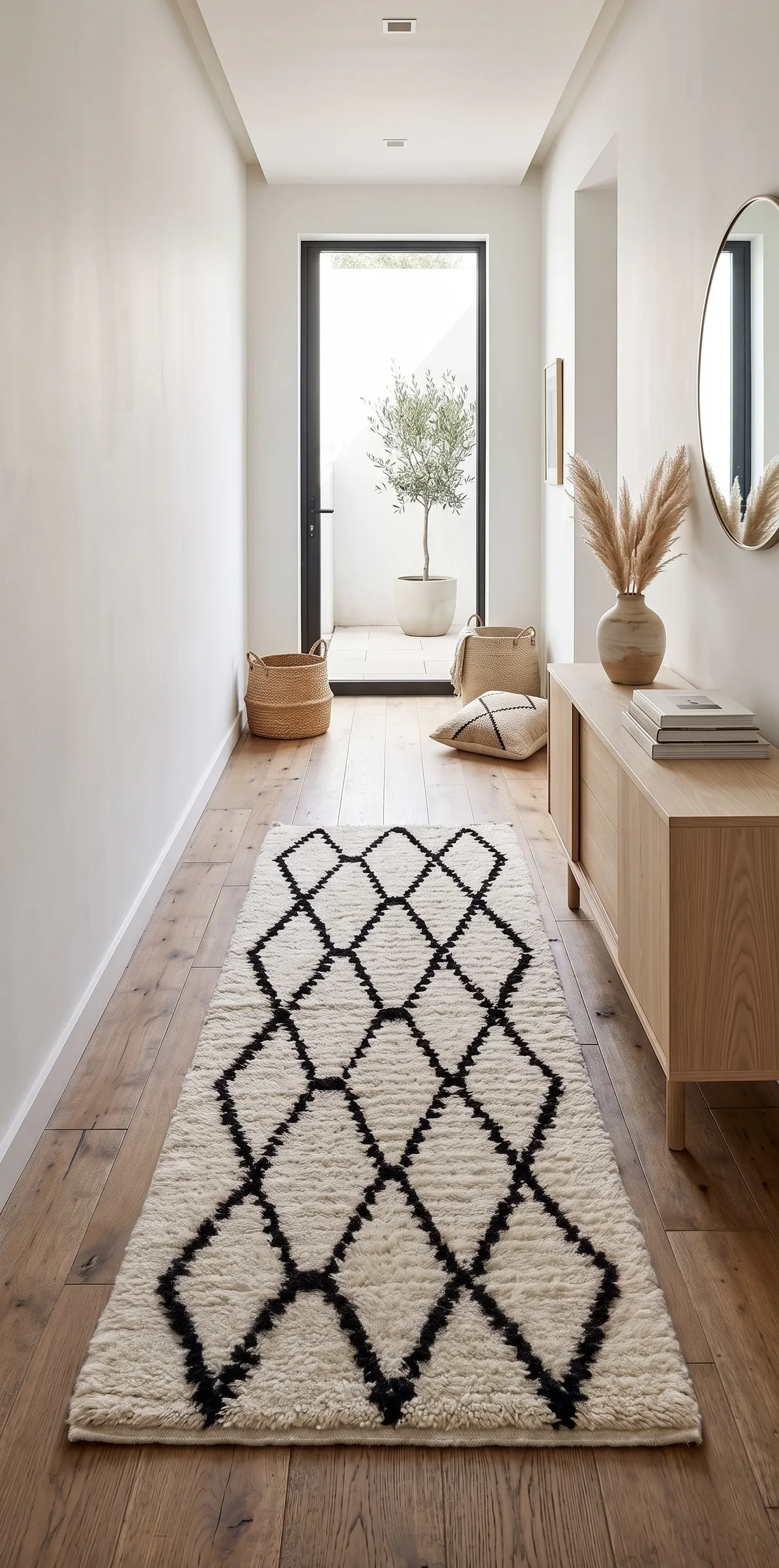 Minimalist hallway with a black and white geometric rug, wooden flooring, a light wooden sideboard with stacked books and a beige vase with dried pampas grass, a mirror on the right wall, a potted tree at the far end, and natural light coming through