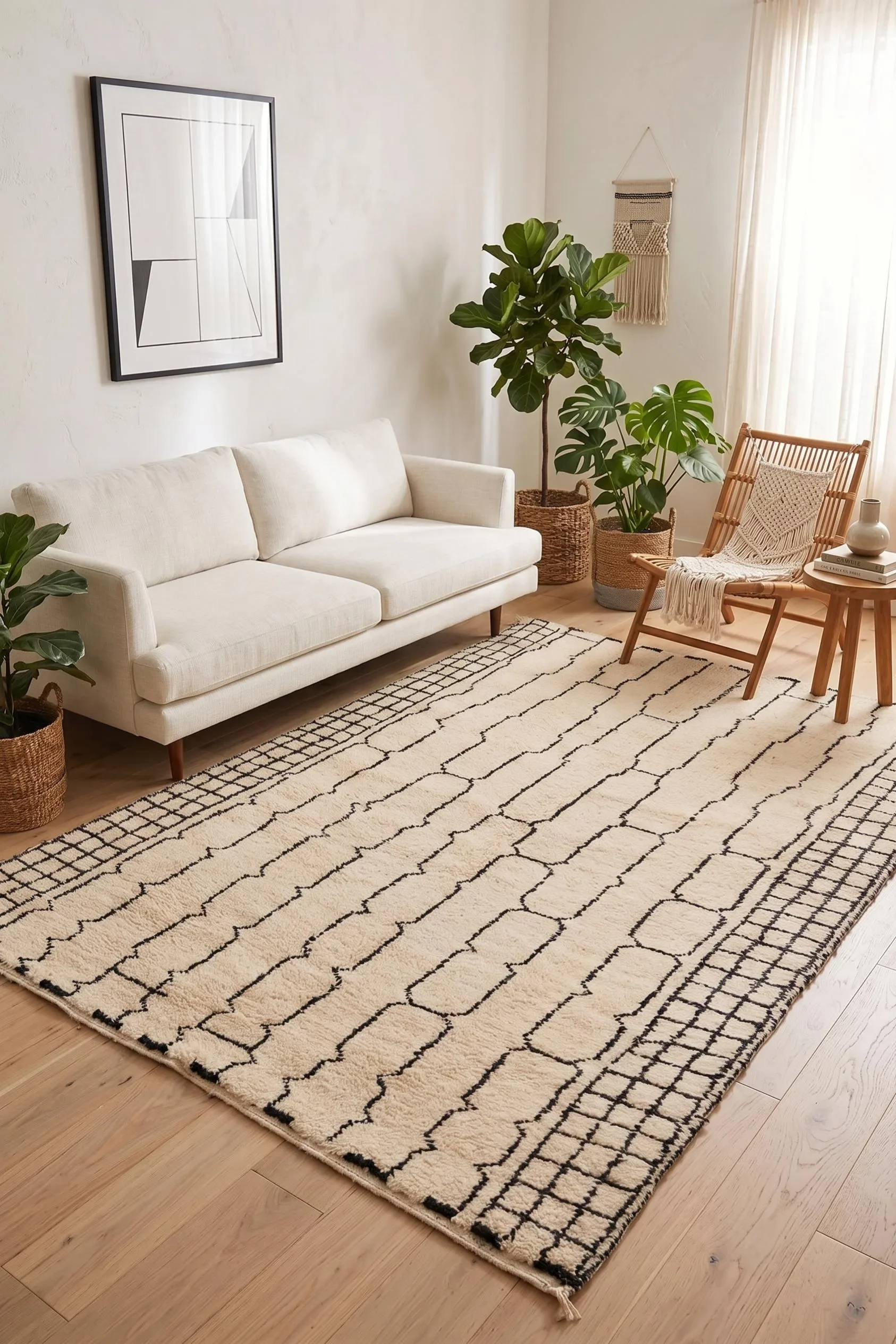A cozy living room with a cream-colored sofa, two large potted green plants, a wooden chair with a cushion, a small side table with a vase and books, a woven wall hanging, a framed geometric art piece, a black and white patterned rug, and natural lig