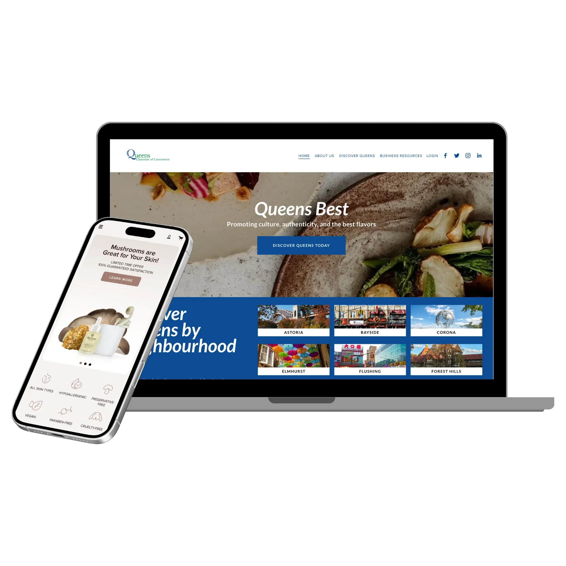 Desktop and mobile screens displaying a website for Queens Chamber of Commerce, featuring sections on local neighborhoods and a skincare app.