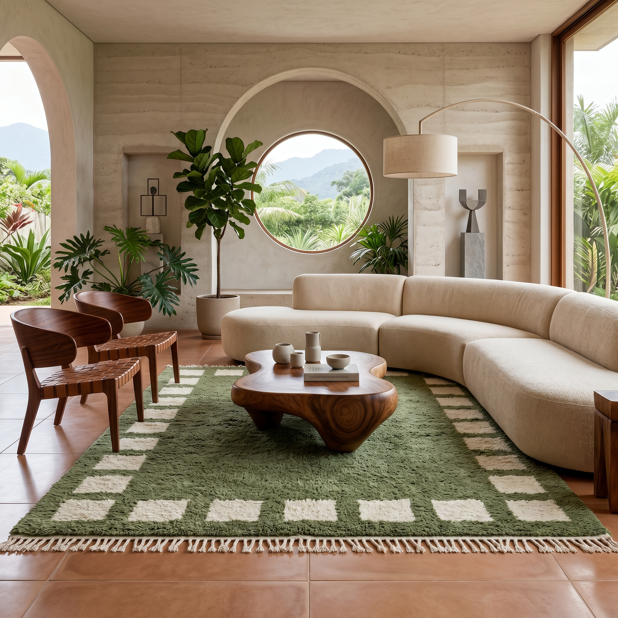 A living room with a green and white striped area rug, a curved beige sofa, wooden chairs, a coffee table with white vases, and large windows revealing outdoor greenery and hills.