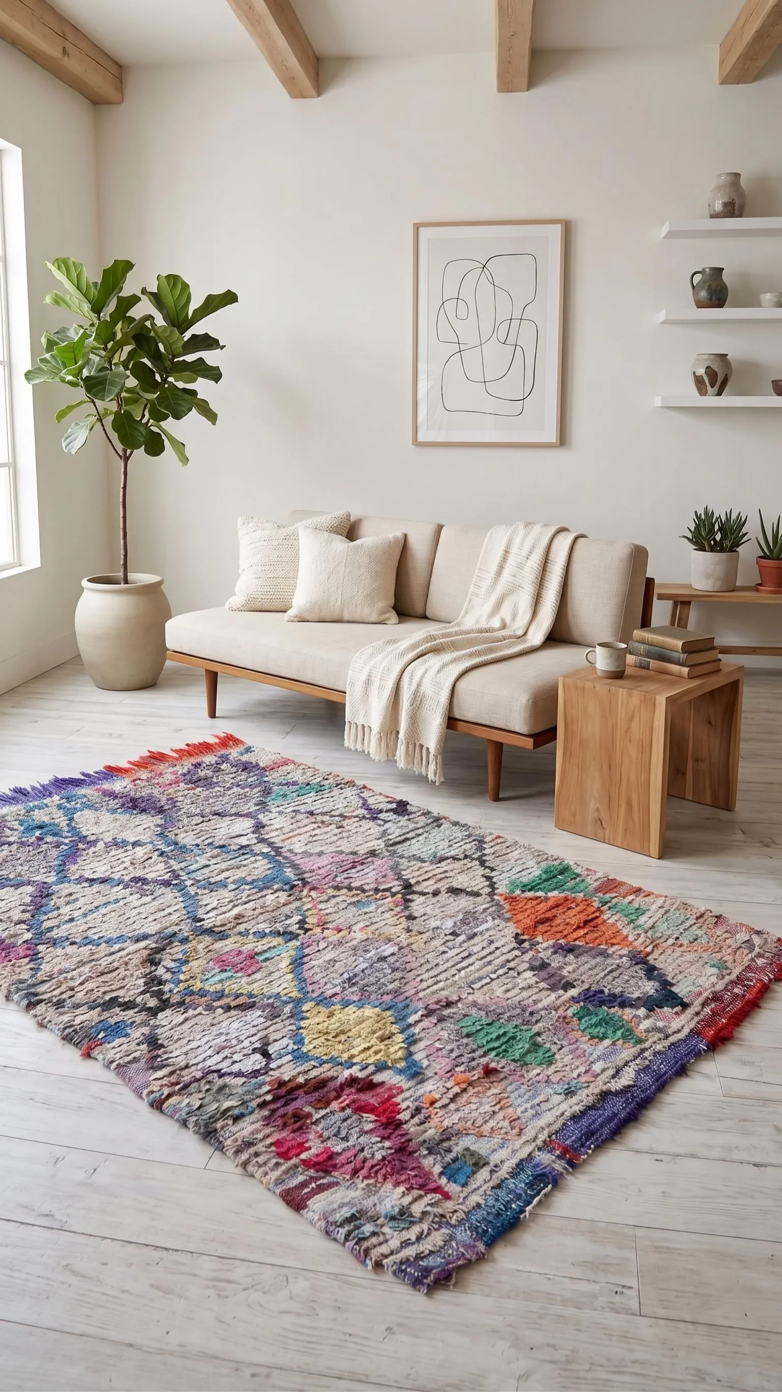 A living room with a colorful patterned rug on a white wood floor, a beige sofa with throw pillows and a blanket, a wooden side table with stacked books and a mug, a large leafy plant in a pot, and wall shelves with decorative pottery. There is a fra
