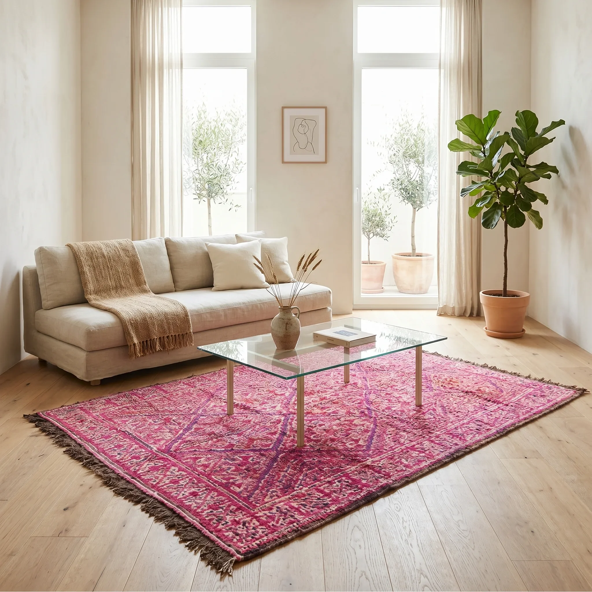 Living room with beige sofa, pink patterned rug, glass coffee table, and large green potted plants near windows with cream curtains