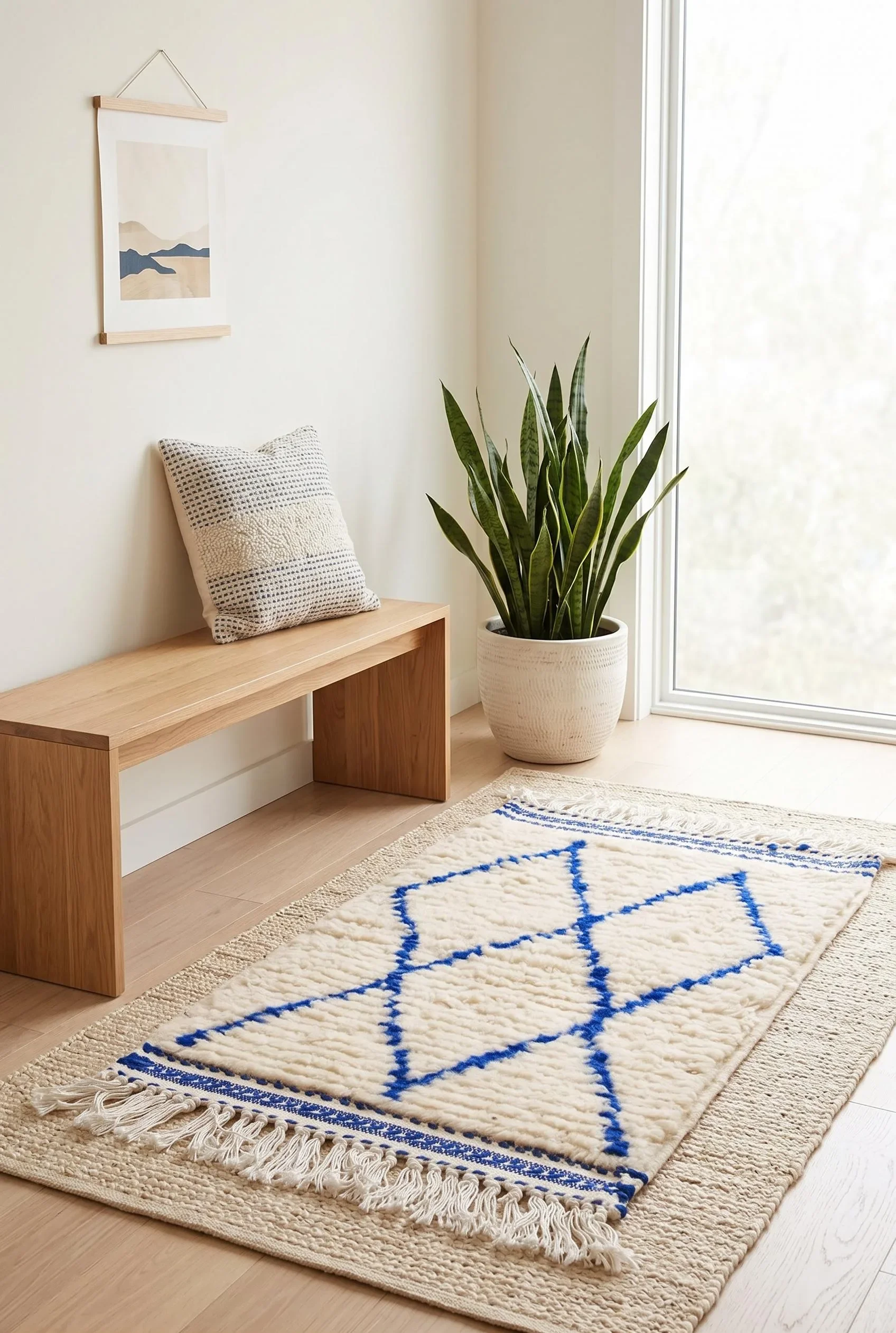 A cozy corner with a patterned beige and blue rug, a simple wooden bench, a decorative pillow, a tall potted snake plant, white walls, and a large window allowing natural light to fill the space.