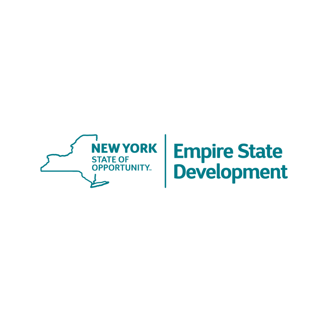 Logo featuring a blue outline map of New York State with text that reads 'New York State of Opportunity' and 'Empire State Development' separated by a vertical blue line.