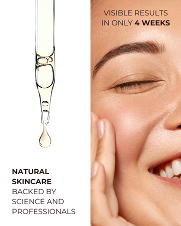 Split image showing a dropper with skincare serum on the left and a smiling woman with clear skin on the right, promoting natural skincare results in four weeks.
