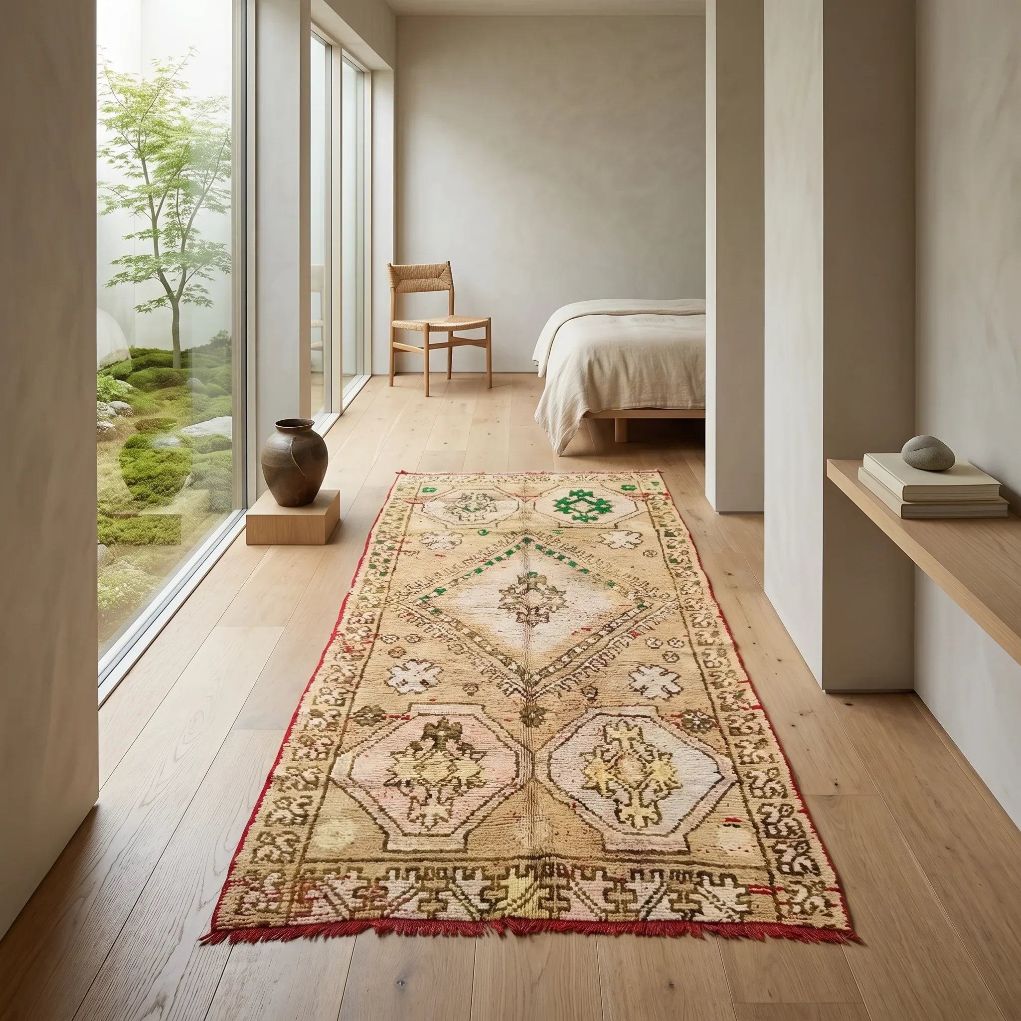 A beige and red patterned rug on a wooden floor in a minimalist room. The room has large glass doors to the left revealing a Japanese-style garden with moss, rocks, and a small tree. There is a wicker chair and a bed with a beige blanket visible. Dec