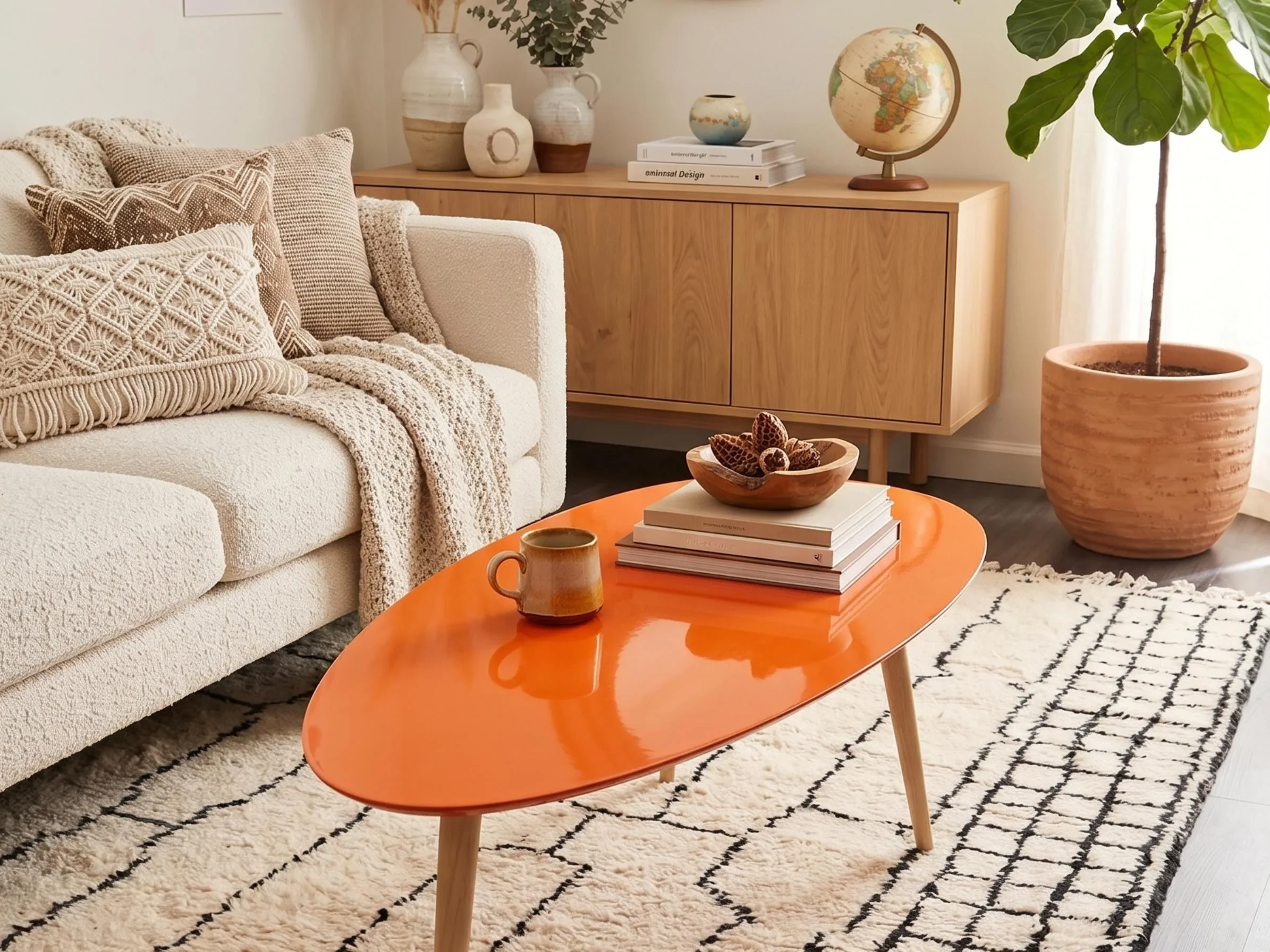 A cozy living room corner with a cream-colored textured sofa decorated with patterned throw pillows and a knitted blanket. In front, there is an orange oval coffee table with a stack of books, a ceramic mug, and a bowl of decorative pinecones. Behind