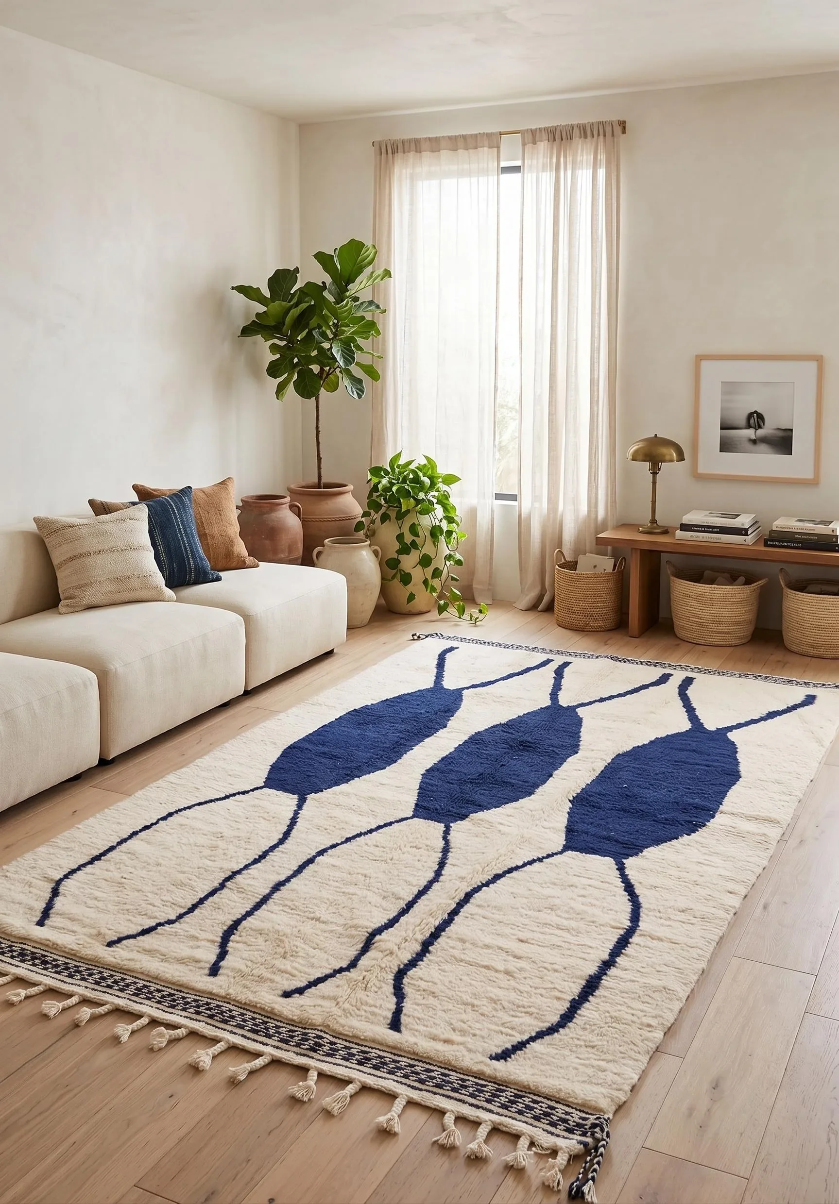 Living room with white sofa, pillows, large potted plant, framed photograph, table lamp, baskets, and a blue and white patterned rug on light hardwood floor near a window with sheer curtains.