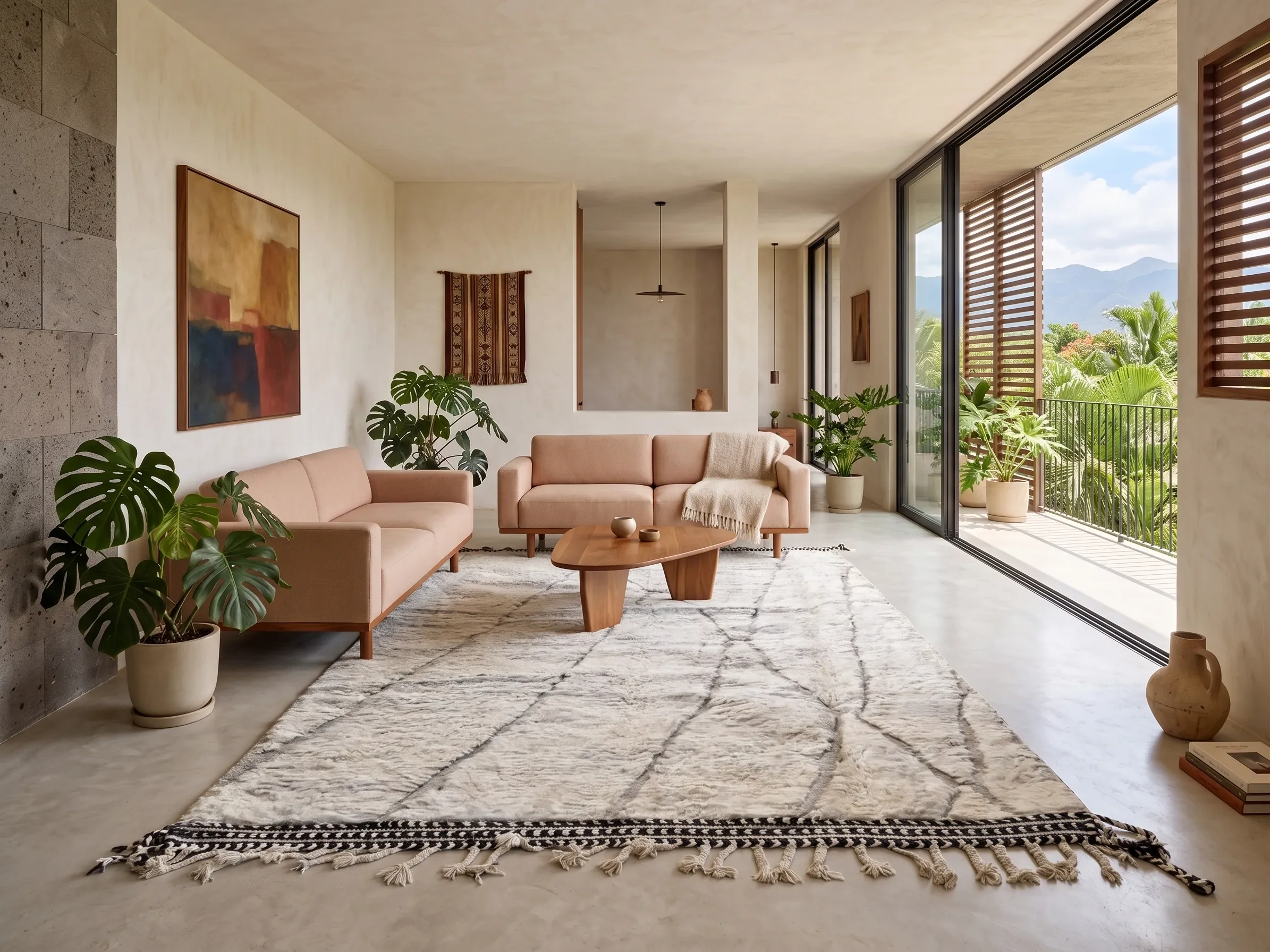 Modern living room with blush pink sofa, abstract artwork on white wall, large glass door opening to a balcony with green tropical plants and mountain view, potted plants, textured rug, and beige decorative vases.