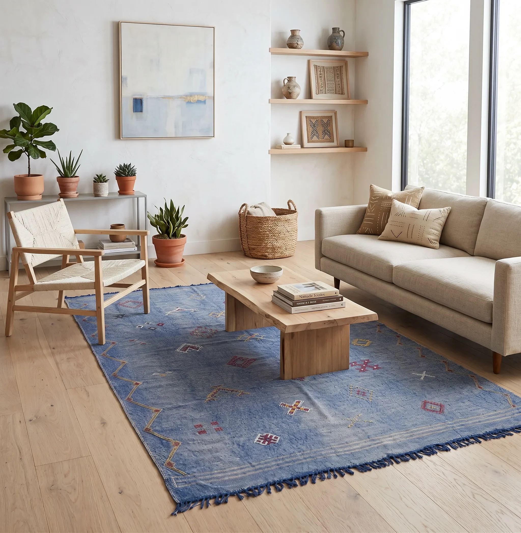 Living room with blue patterned area rug, light-colored hardwood floors, sofa with beige pillows, wooden coffee table with books and a bowl, white wall with abstract painting, potted plants on a white side table, wall-mounted wooden shelves with pott