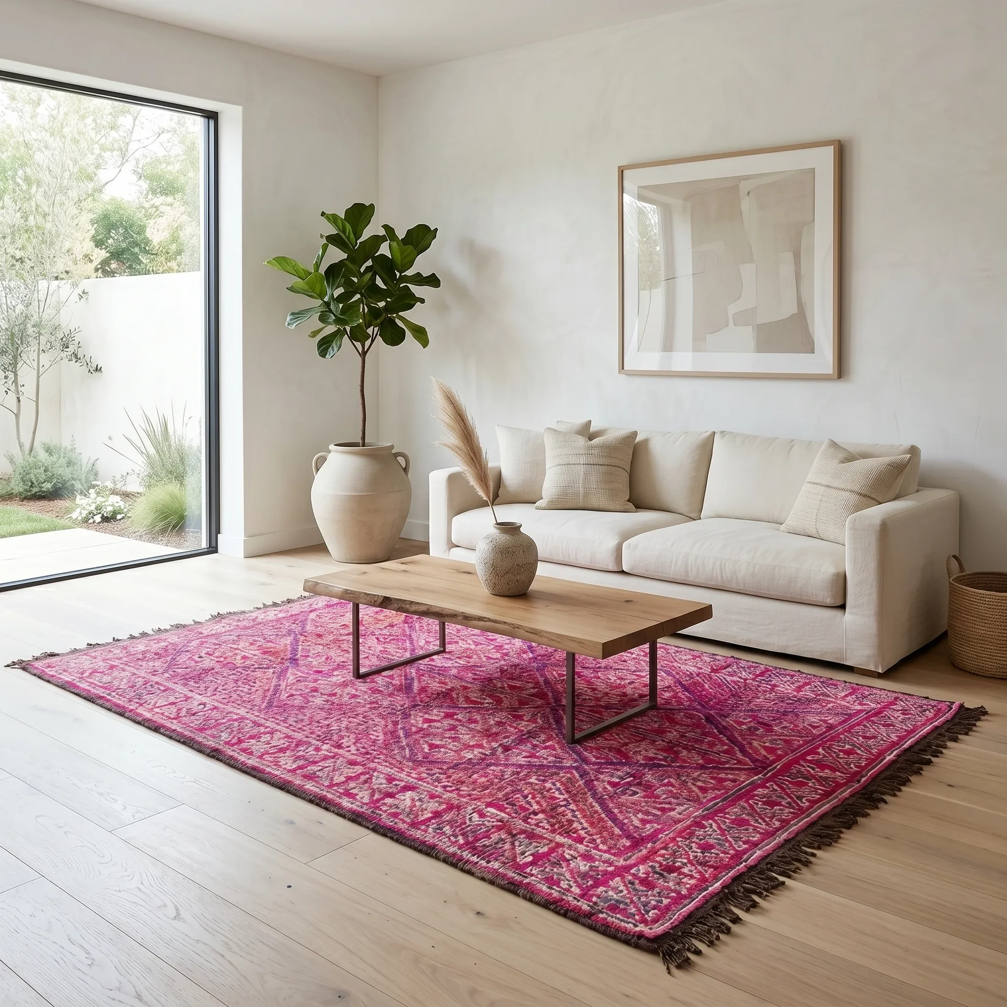Interior living room with white walls, light wood floor, a pink patterned rug, a white sofa with beige pillows, a large framed artwork on the wall, a potted plant in a large beige vase, and a wooden coffee table.