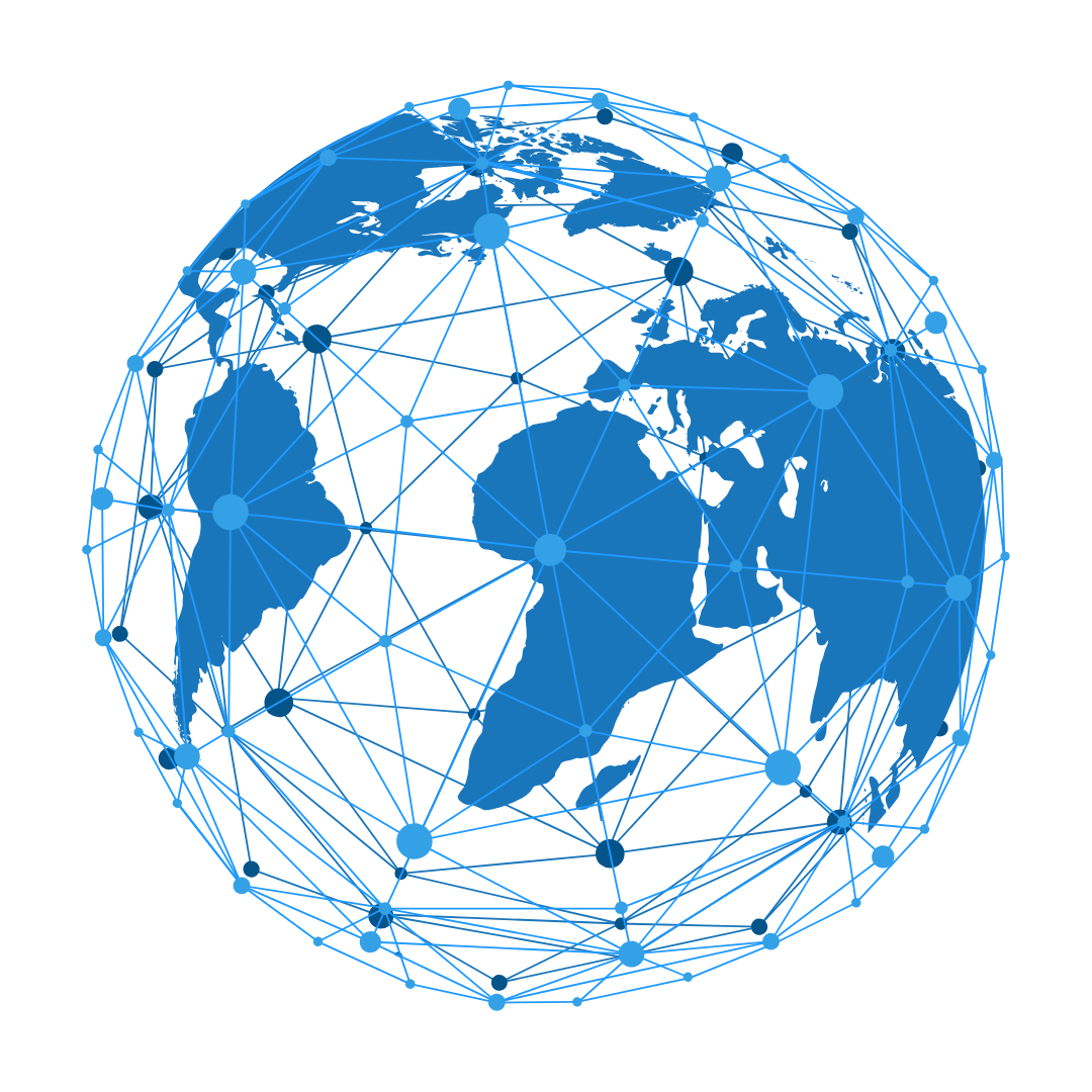 Digital illustration of a globe with world map and interconnected nodes, representing global network or connectivity.