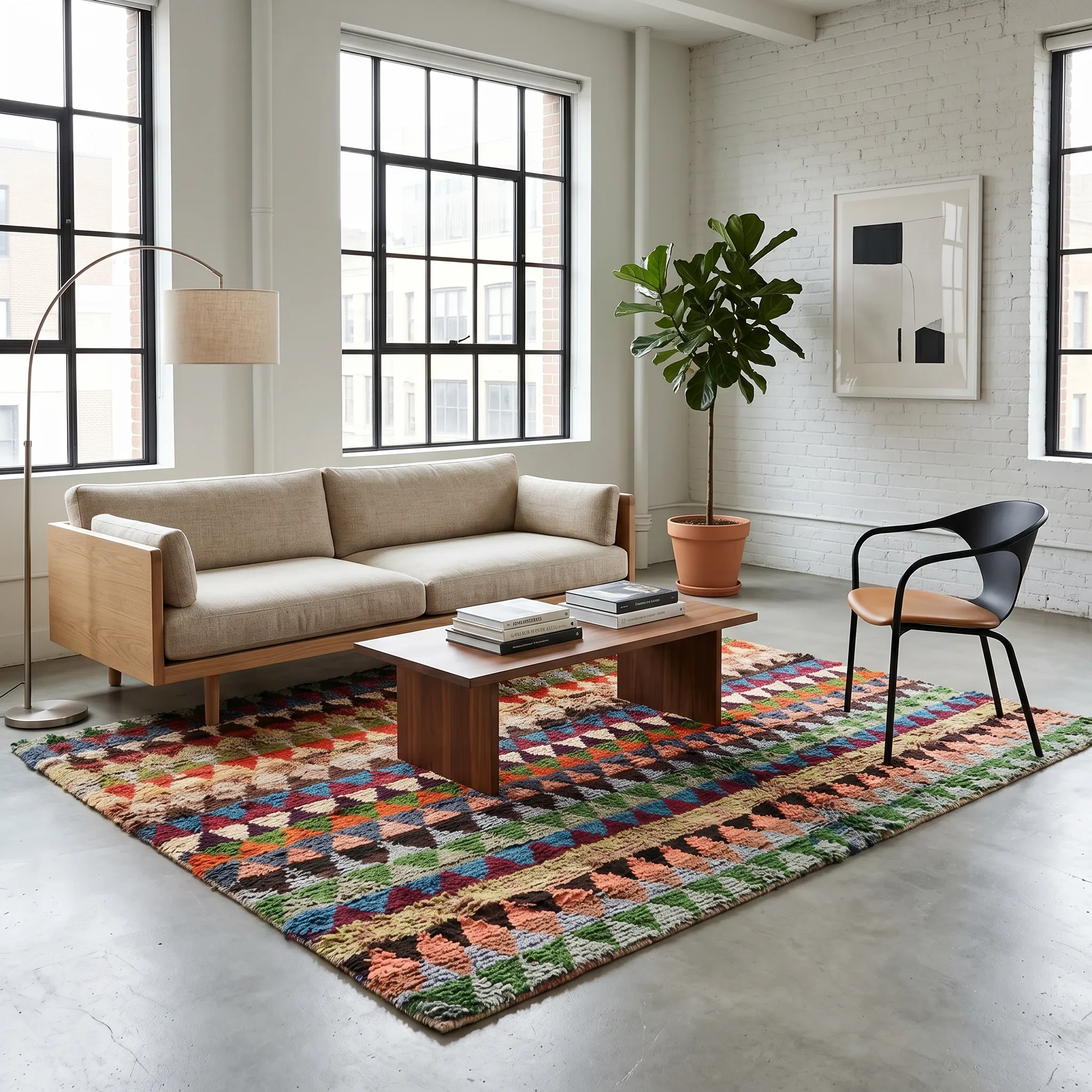 Living room with a colorful patterned rug, a beige sofa, a wooden coffee table with books, a white brick wall, large windows with black frames, a tall potted plant, a modern framed artwork, a floor lamp, and a black chair.