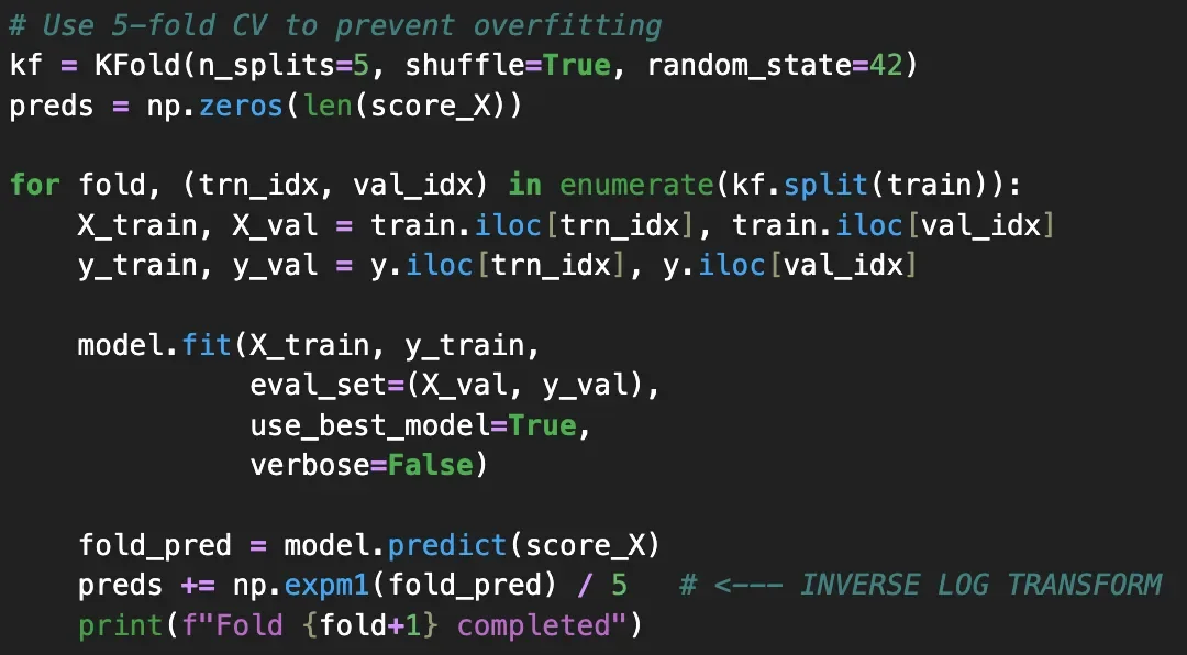 Python code snippet showcasing a 5-fold cross-validation training loop using CatBoost Regressor for customer spend prediction.