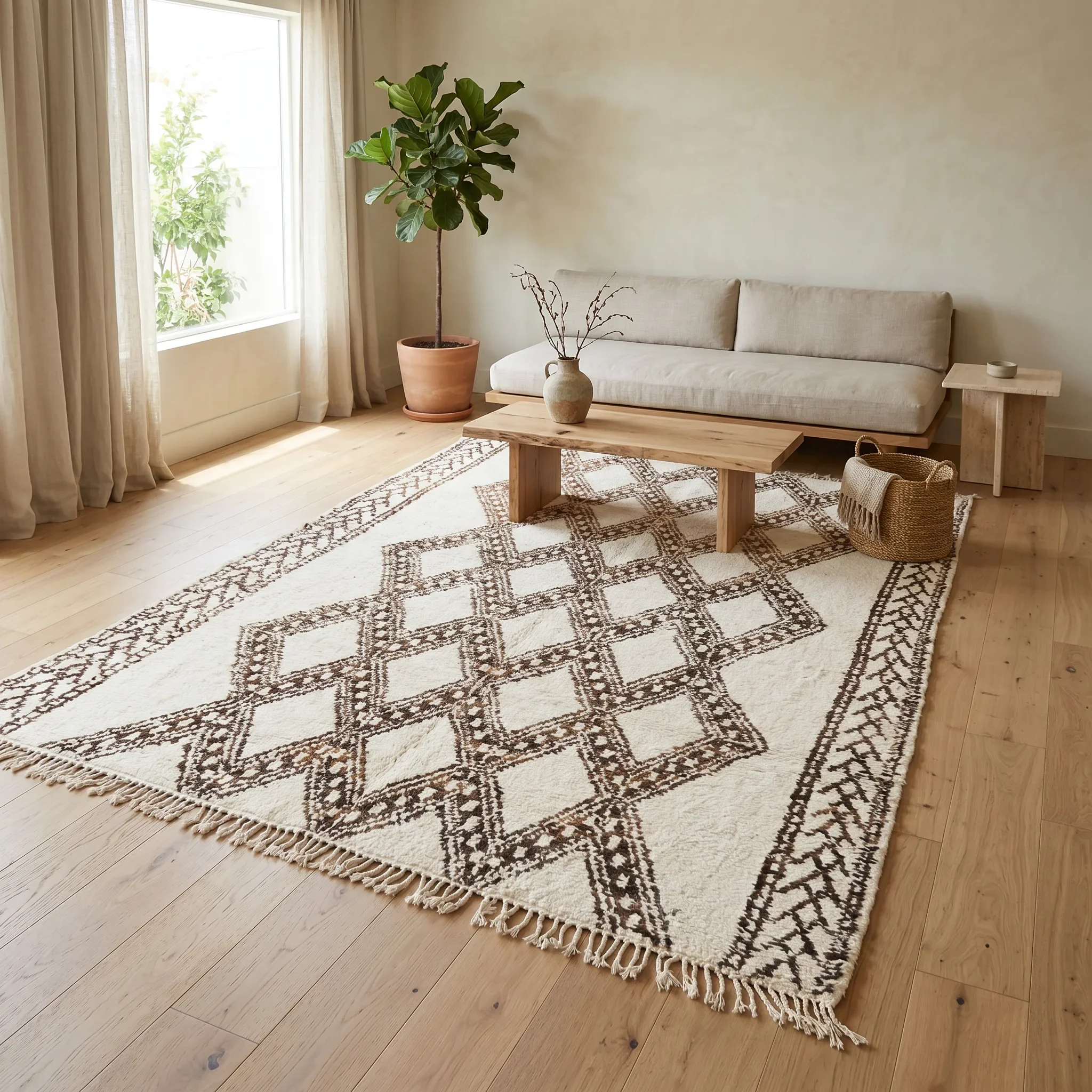 A living room with a large window, beige curtains, a tall potted plant, a beige sofa, a wooden coffee table with a vase, and a patterned rug on light hardwood floors.