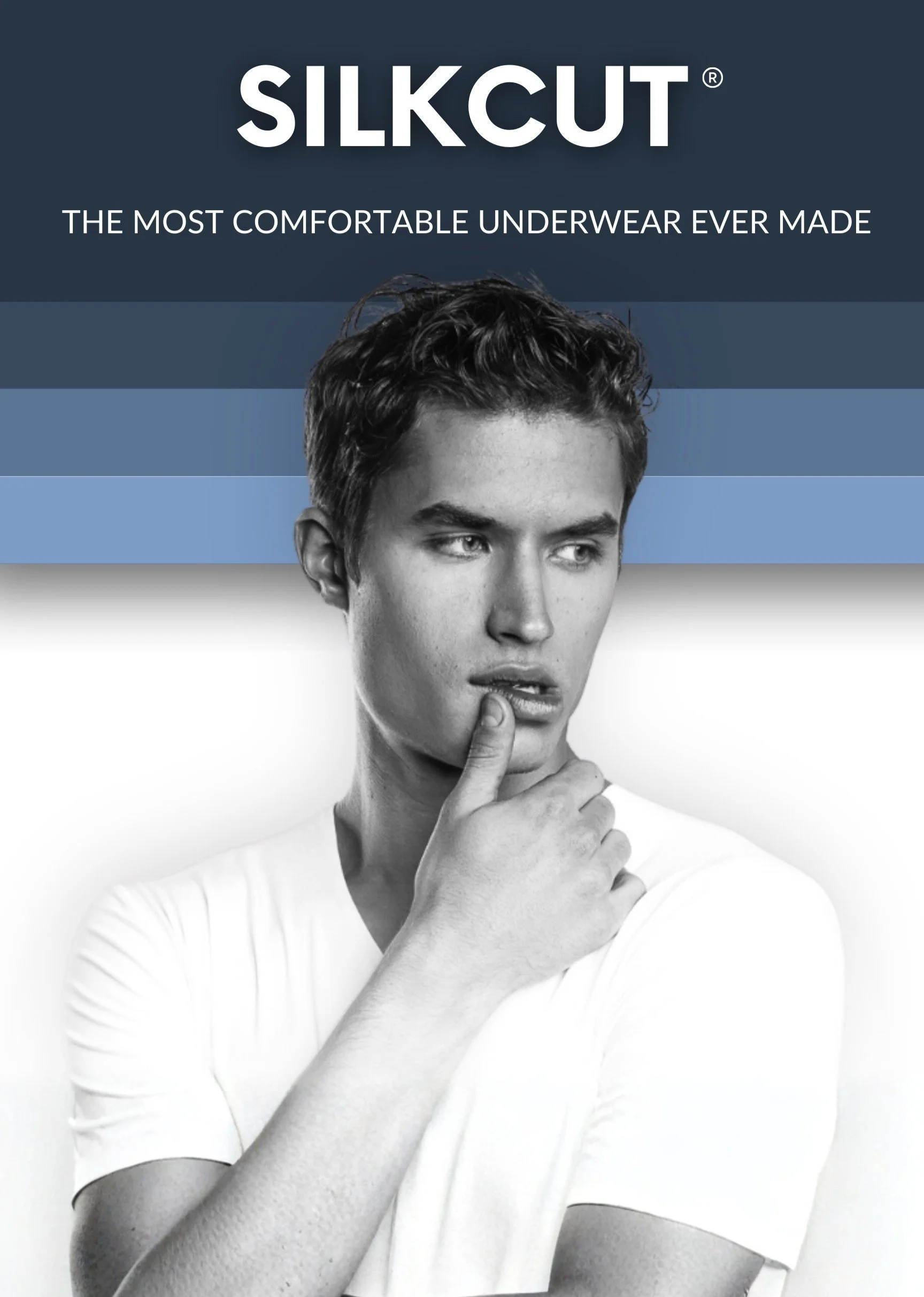 Packaging of Silkcut underwear featuring a black-and-white photo of a young man with short, tousled hair, wearing a white t-shirt, looking thoughtful with his hand on his chin, against a background with blue horizontal stripes and the brand name 'SILKCUT' at the top.