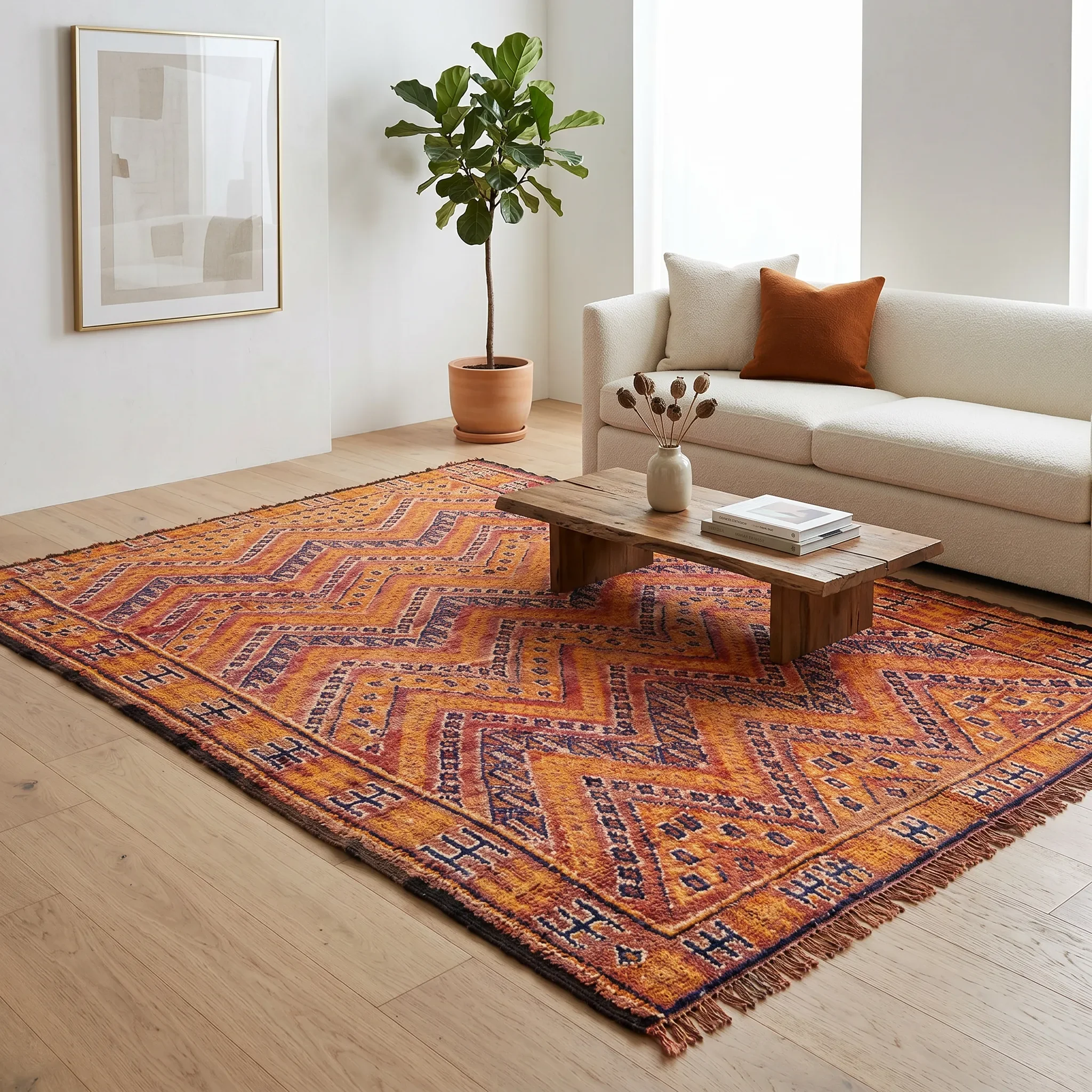 A cozy living room corner with a patterned orange and red rug, a cream sofa with an orange pillow, a wooden coffee table, a large green houseplant in a terracotta pot, a white vase with dried seed pods, and framed artwork on a white wall.