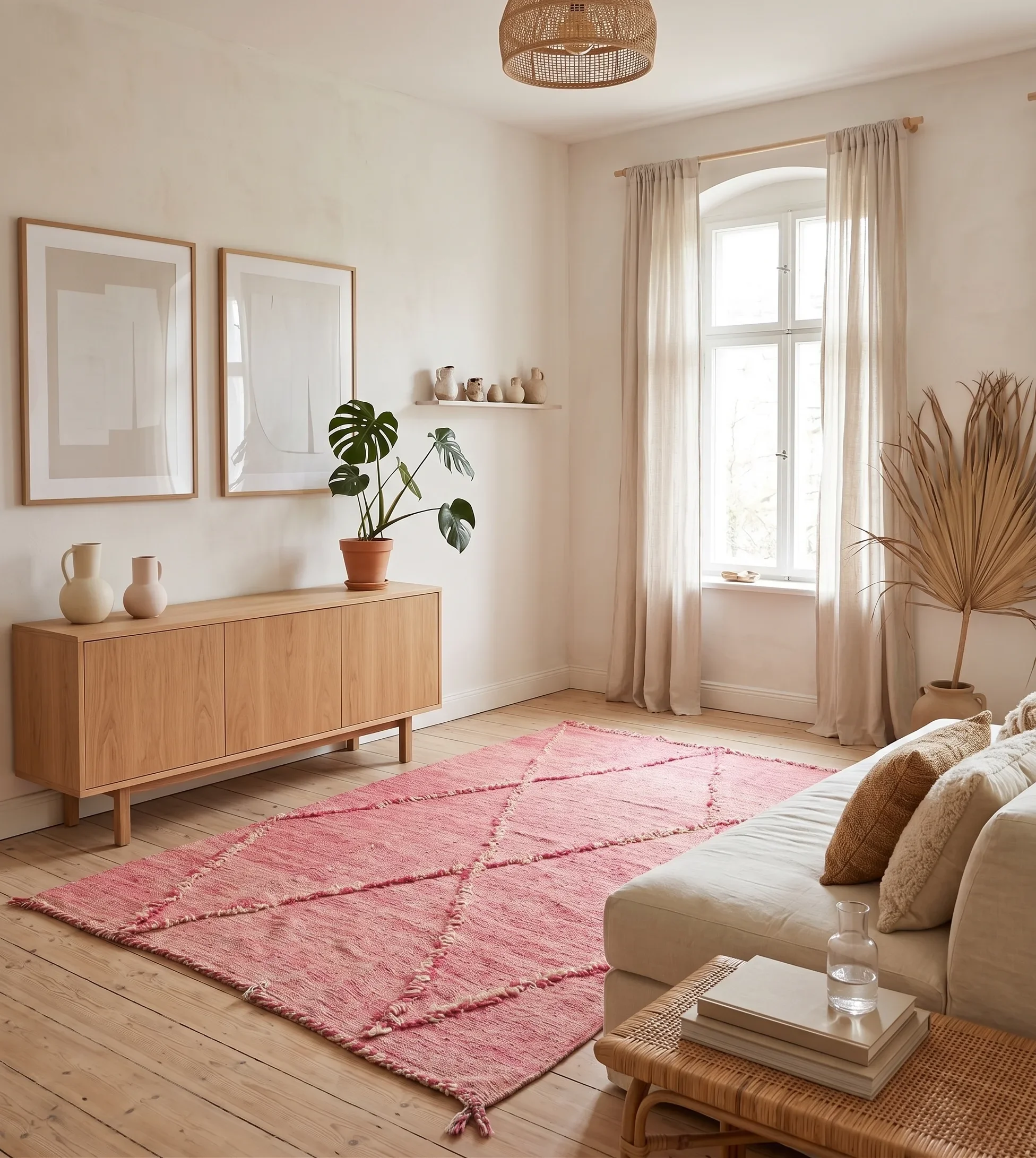 A cozy living room with natural light, featuring a pink textured rug on wooden floors, a white sofa with beige and brown pillows, a side table with books and a glass of water, a wooden sideboard with ceramic vases, framed abstract art on the wall, a 