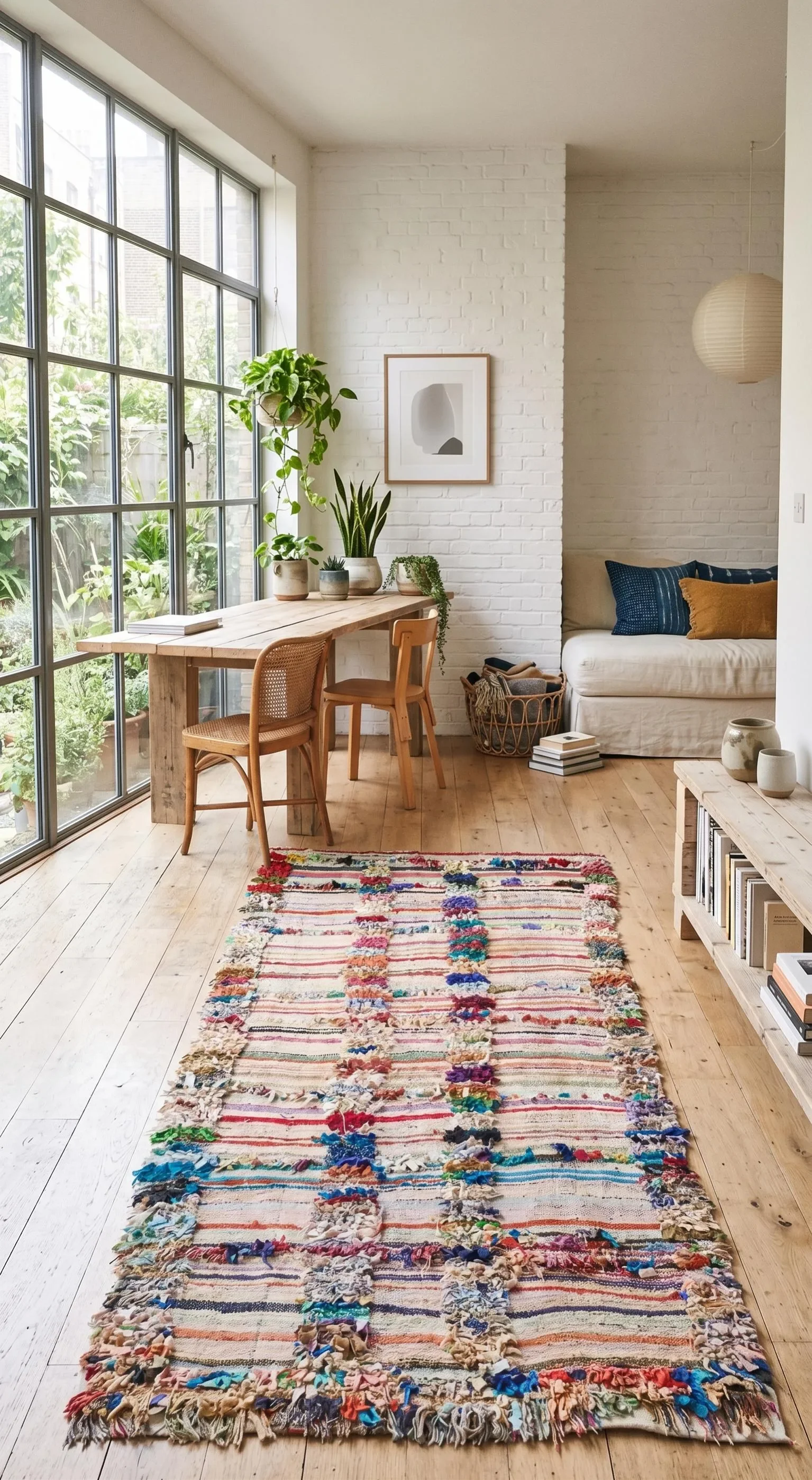 A cozy living room with a colorful, patterned rug on light wood floors, a wooden table beside a large window with green plants, and a white brick wall with artwork. There is a white sofa with blue and yellow cushions, a basket with blankets, and a lo